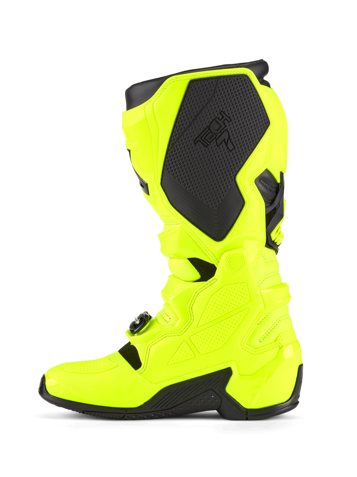 Bottes Alpinestars Tech 7, bottes de motocross, jaune fluo et noir, vue de profil mettant en évidence la coque en TPU, le système de fermeture à boucles et les panneaux de protection noirs avec marquage, conçues pour la durabilité et la course tout-terrain