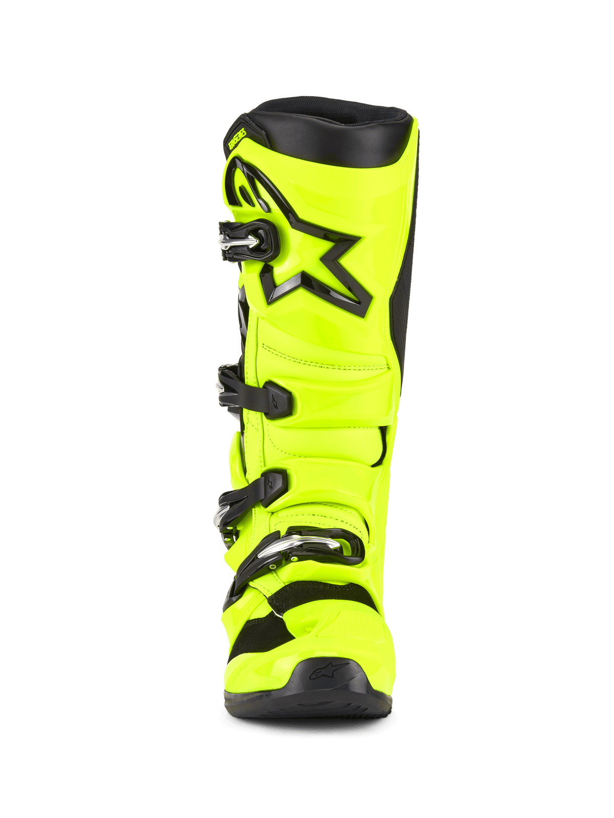 Bottes Alpinestars Tech 7, bottes de motocross, jaune fluo et noir, vue de face, dotées d'une coque en TPU jaune fluorescent brillant, logo étoile Alpinestars noir sur le tibia et système de fermeture à boucles réglables pour des performances tout-terrain.