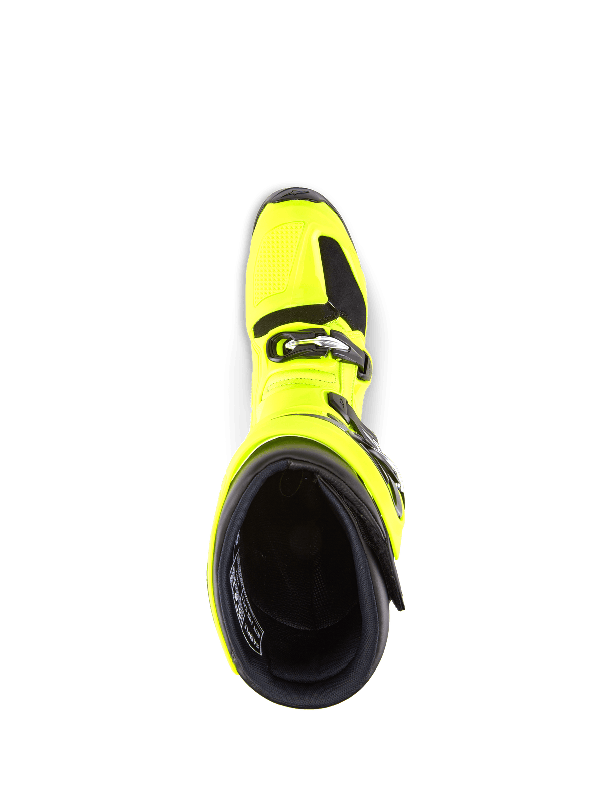 Bottes Alpinestars Tech 7, bottes de motocross, jaune fluo et noir, vue de dessus de l'intérieur montrant le système de fermeture à boucles et le col rembourré