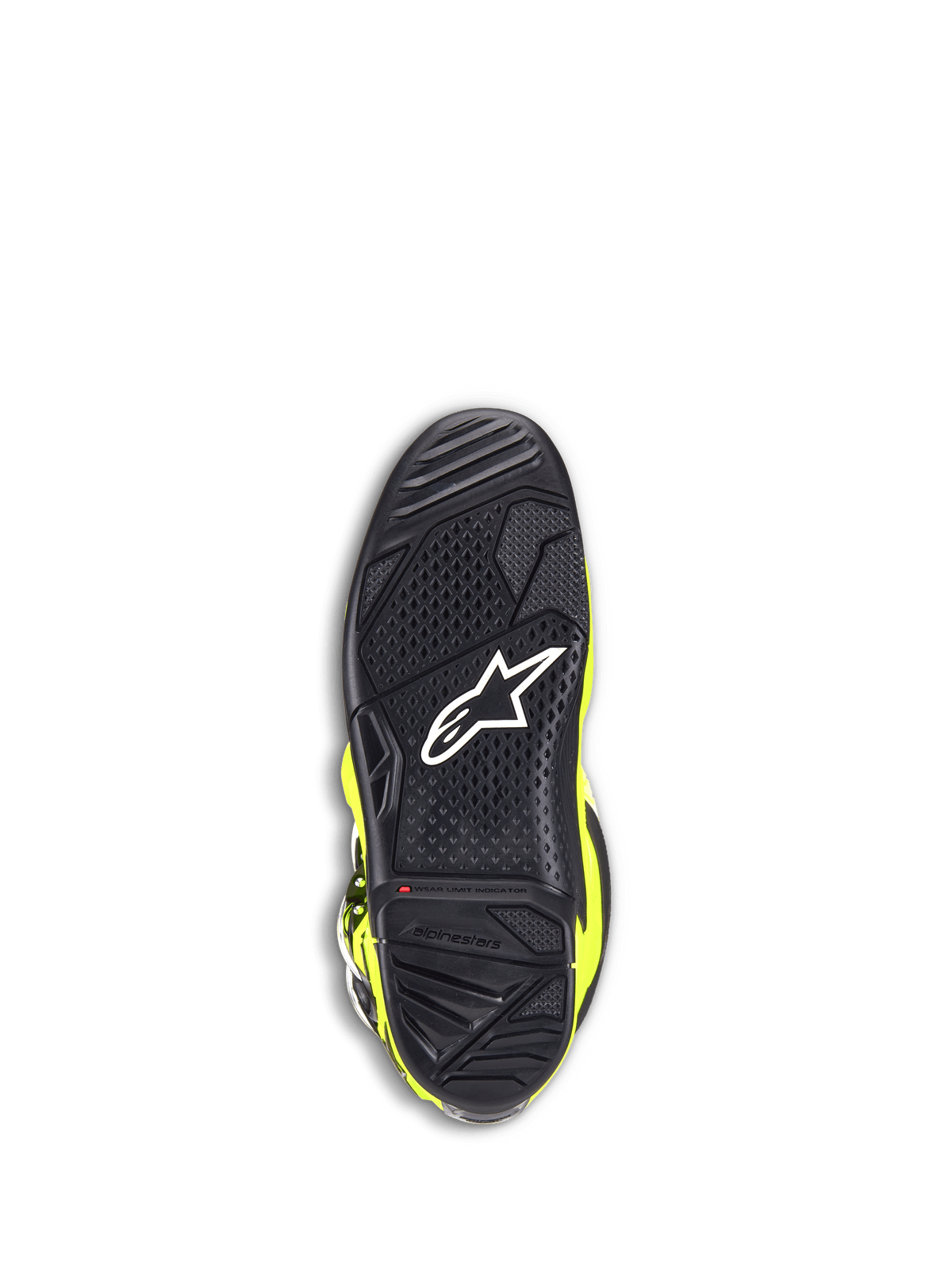 Bottes Alpinestars Tech 7, bottes de motocross, jaune fluo et noir, vue de dessous de la semelle en caoutchouc noir avec motif d'adhérence texturé, logo étoile blanc et indicateur de limite d'usure rouge pour une durabilité tout-terrain