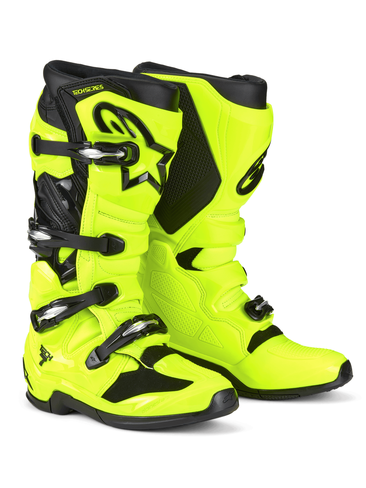 Bottes de motocross Alpinestars Tech 7, jaune fluo et noir, dotées d'un système de fermeture à quatre boucles, d'une coque de protection en TPU, d'un logo Astars noir sur le tibia et d'une semelle robuste bi-composée pour le tout-terrain