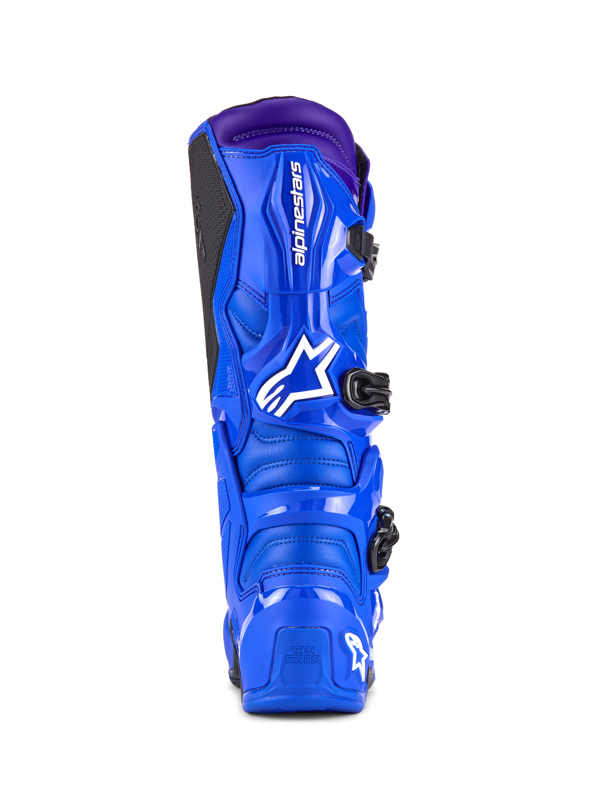 Bottes Alpinestars Tech 7, bottes de motocross, bleu avec des accents violets, vue arrière montrant la protection en TPU, logo Alpinestars blanc sur le talon et panneau de grip latéral noir, chaussures tout-terrain haute performance