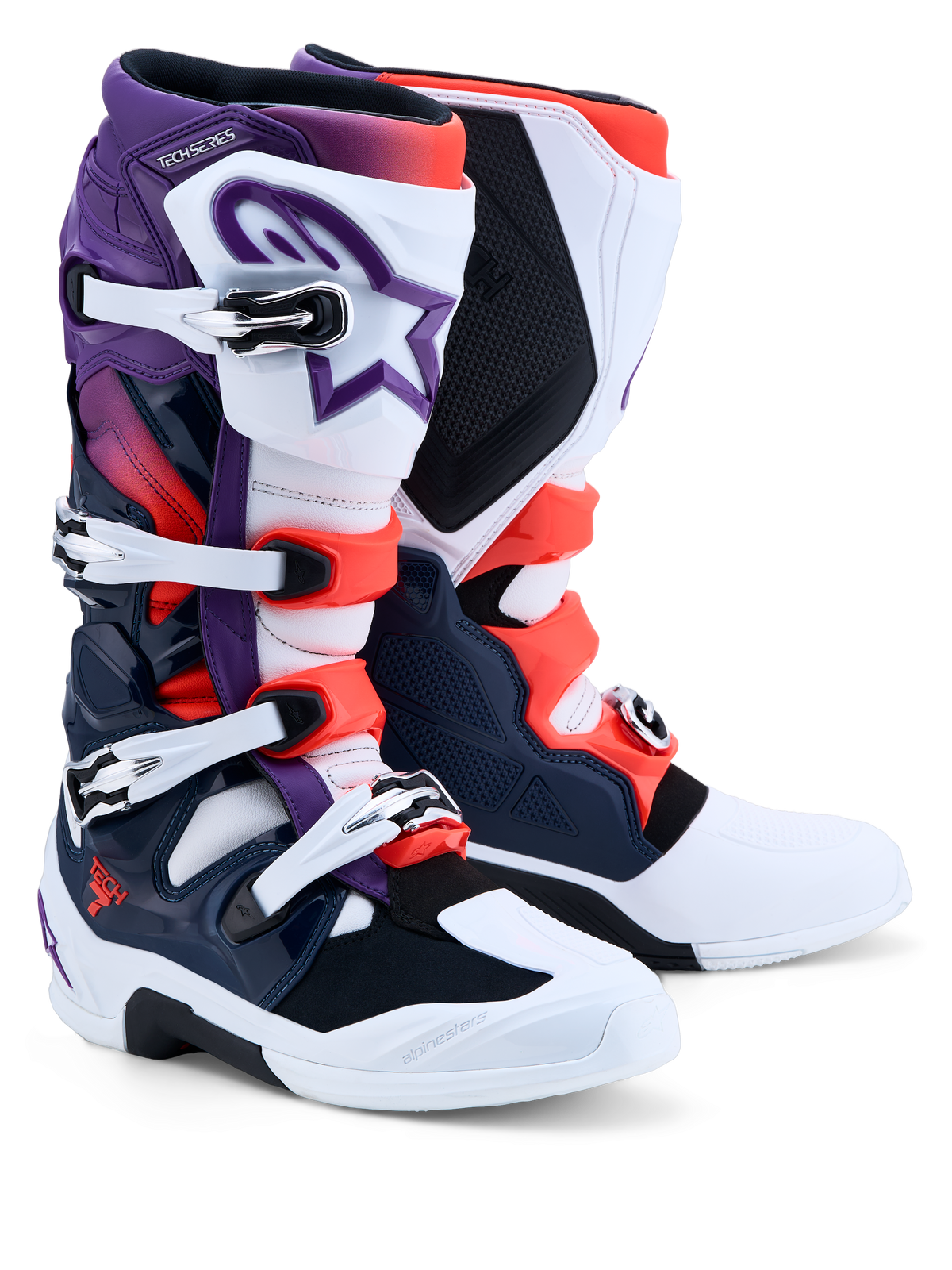 Alpinestars Tech 7, bottes de motocross pour homme, violettes et blanches, bleu marine et rouge fluo, certifiées CE avec protections en TPU