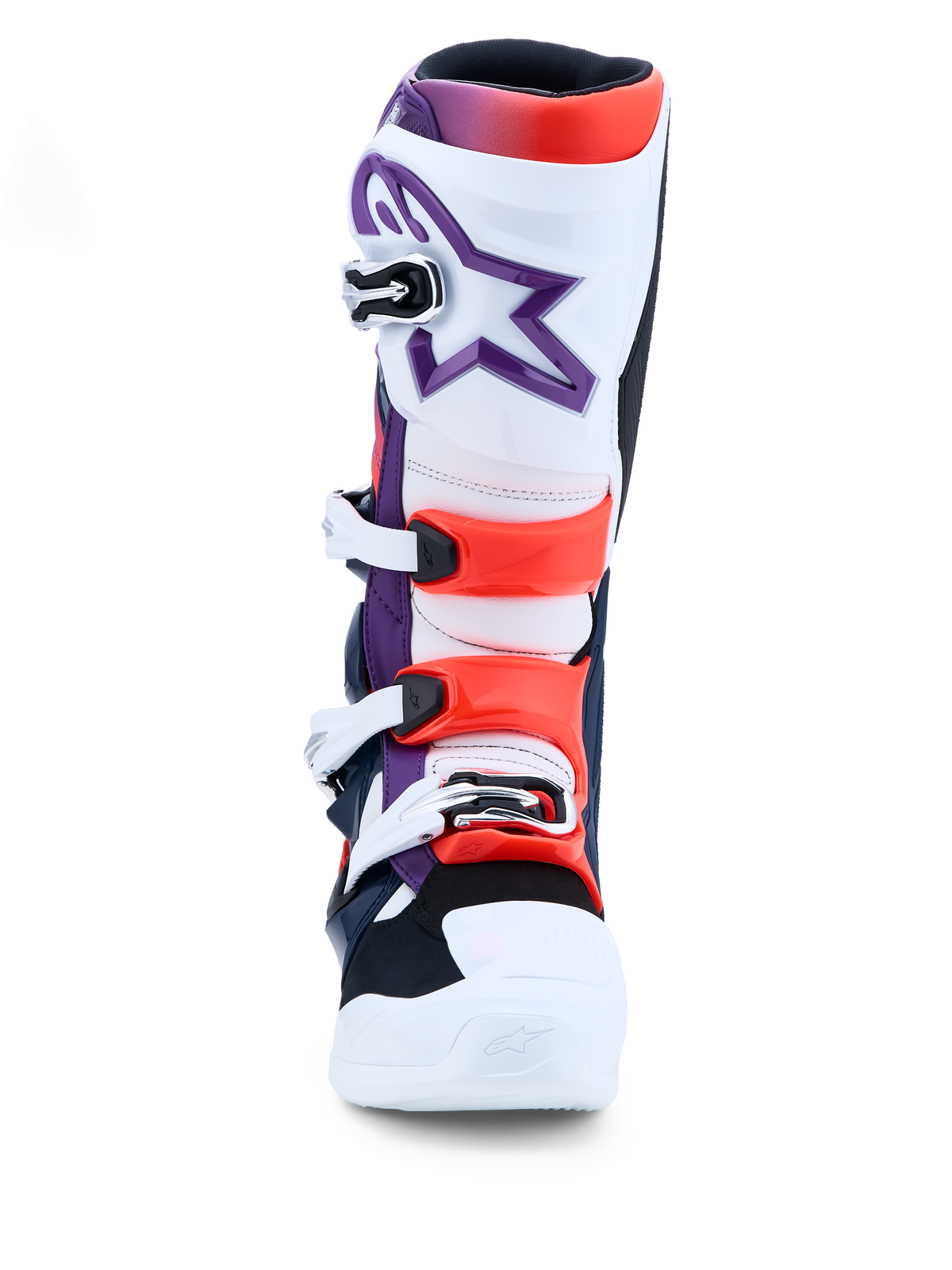 Alpinestars Tech 7, bottes de motocross pour homme, violettes, blanches et rouges fluo, avec protections TPU et fermetures à boucles, certifiées CE.