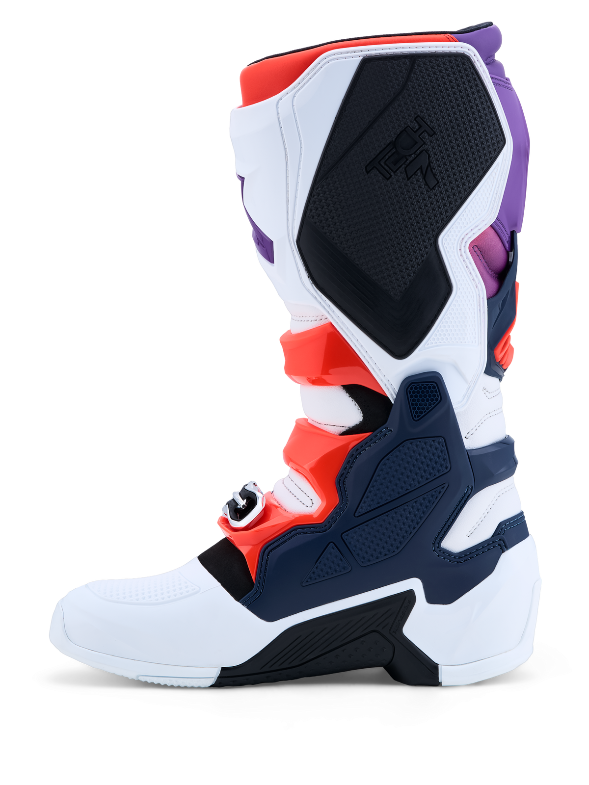 Alpinestars Tech 7, bottes de motocross pour homme, violettes, blanches et bleu foncé avec détails rouge fluo, dotées de plaques de protection en TPU, certifiées CE.