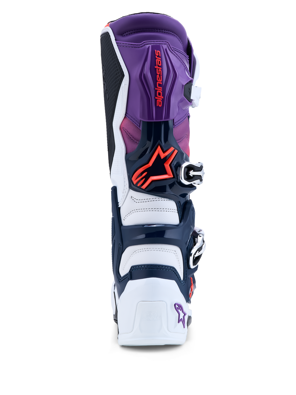Alpinestars Tech 7, bottes de moto tout-terrain pour homme, vue arrière, violettes et blanches, accents rouge fluo, protection TPU.