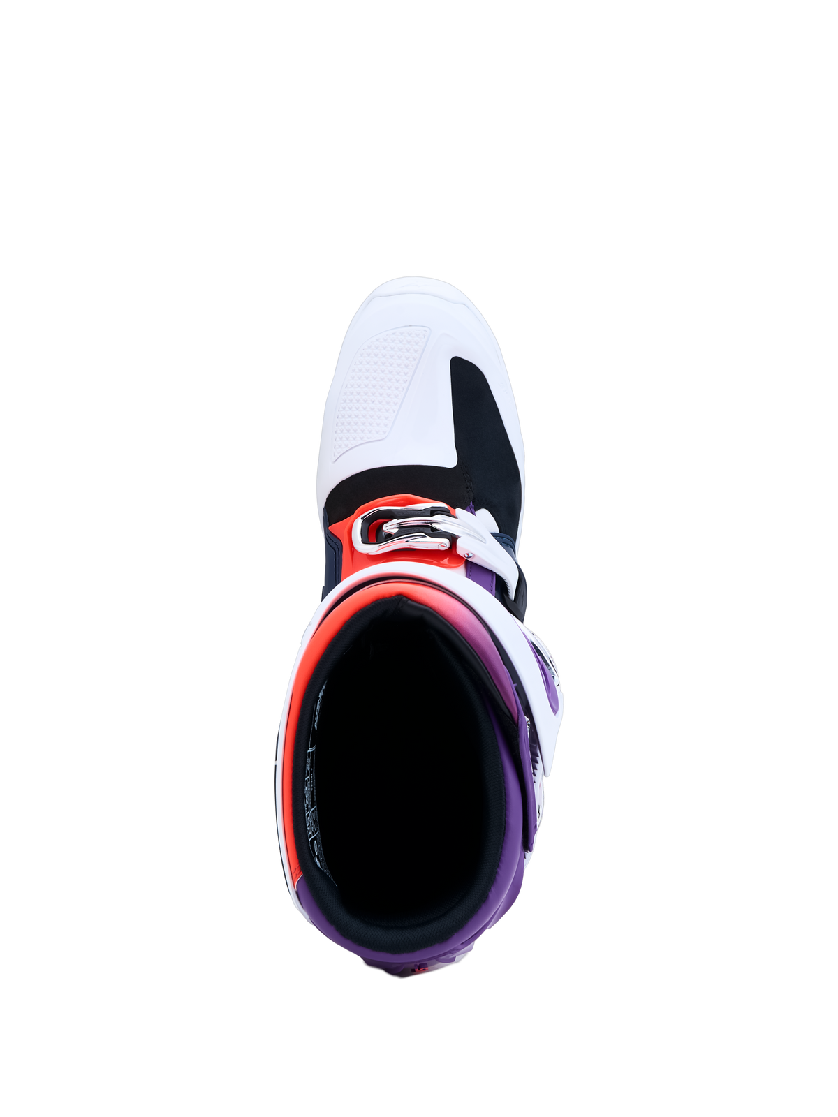 Bottes de motocross Alpinestars Tech 7, vue de dessus, violettes et blanches, rembourrage intérieur et boucles.
