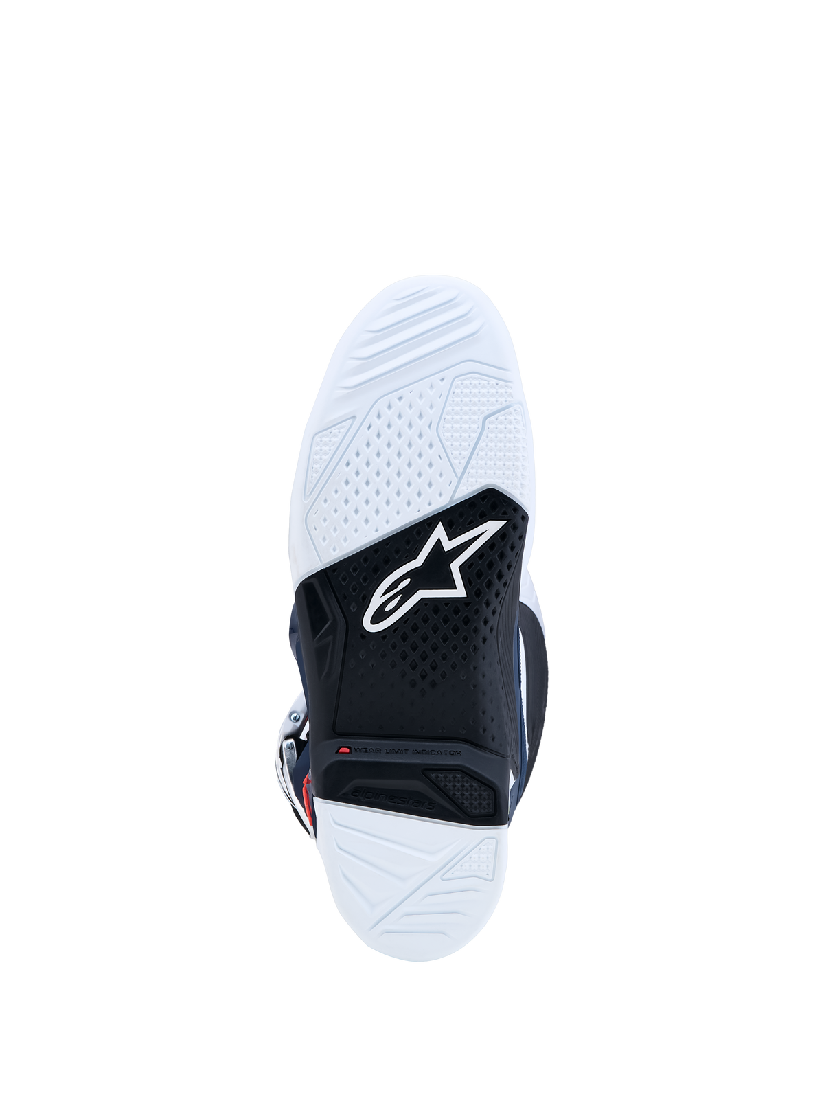 Bottes Alpinestars Tech 7, semelle de motocross en caoutchouc bi-composant blanc et noir avec indicateur d'usure rouge