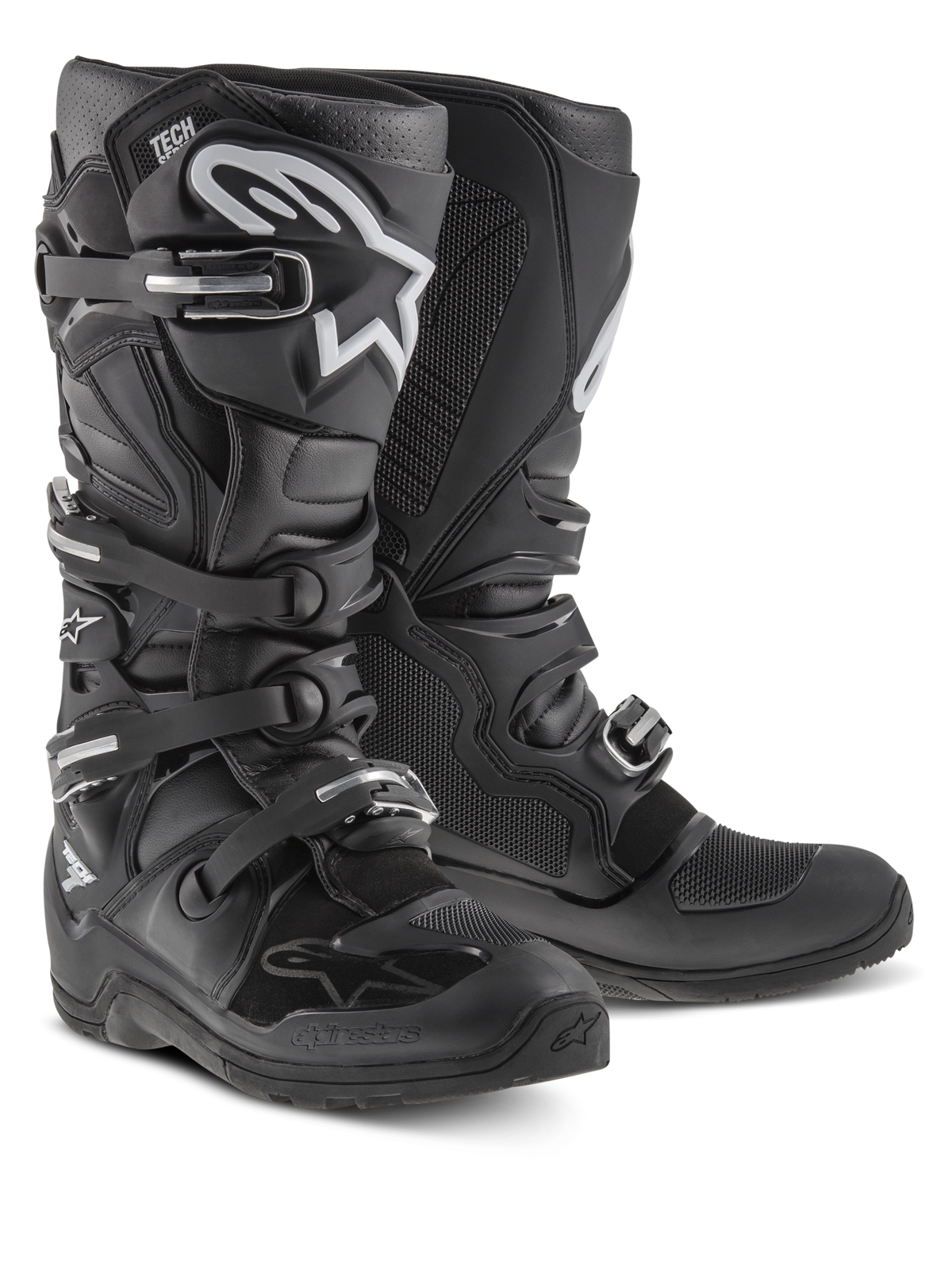 Bottes Alpinestars Tech 7 Enduro, bottes de motocross et tout-terrain, noires avec logo Alpinestars blanc, dotées de quatre boucles réglables, plaque tibiale en TPU et semelle durable spécifique à l'enduro.