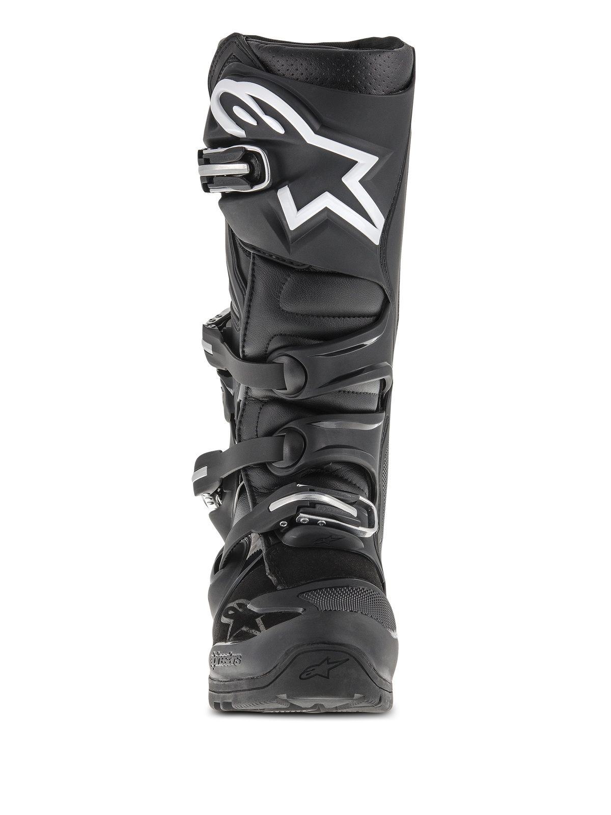 Bottes Alpinestars Tech 7 Enduro, bottes de motocross et d'enduro, noires, vue de face présentant un logo d'étoile blanche sur le tibia, système de fermeture à quatre boucles et structure de protection renforcée pour usage tout-terrain