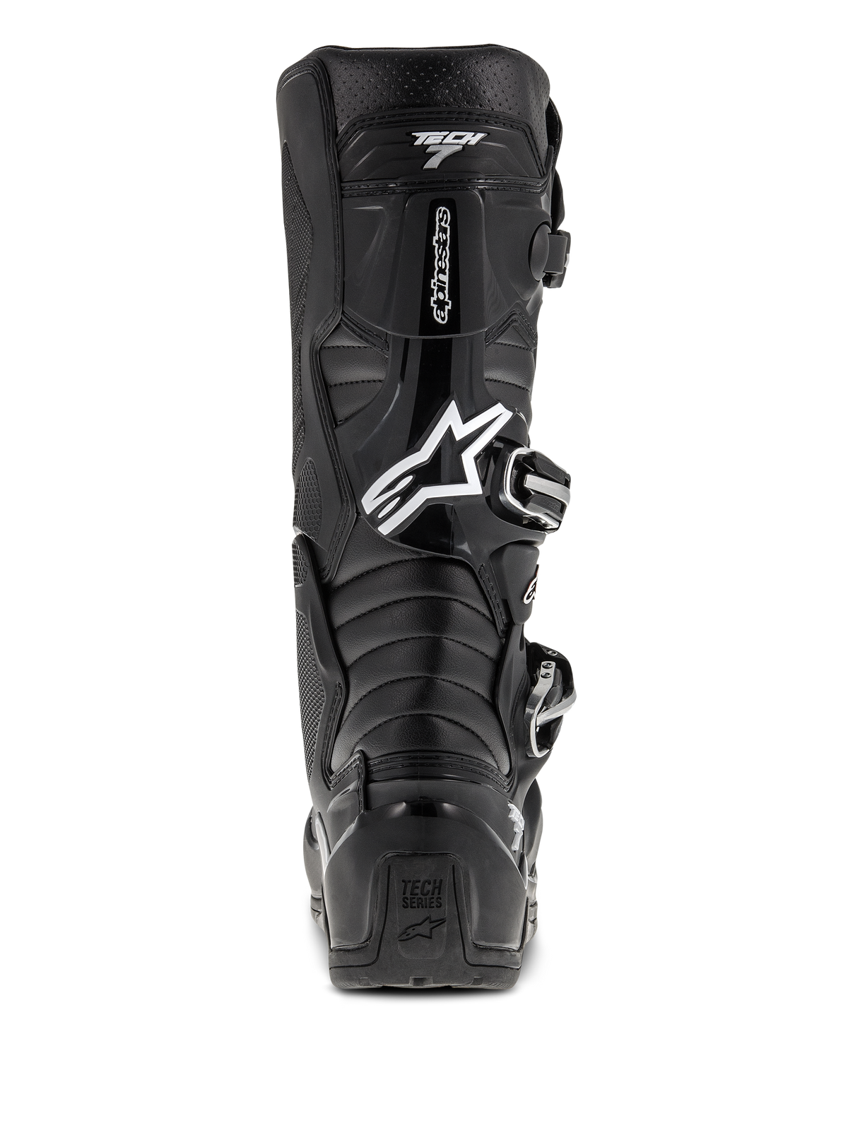 Bottes Alpinestars Tech 7 Enduro, noir, vue arrière avec logo Astars blanc et marquage « Tech 7 », coque de protection en TPU avec système de boucles, construction durable pour le tout-terrain et le motocross