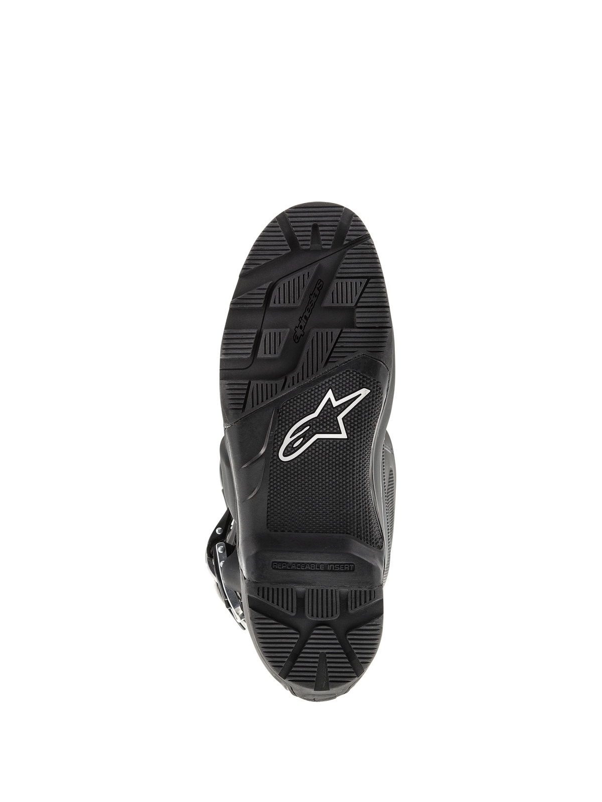 Bottes Alpinestars Tech 7 Enduro, noir, vue de dessous de la semelle, dotées d'un motif de crampons robuste pour l'Enduro, logo étoile blanc et insert de repose-pied remplaçable