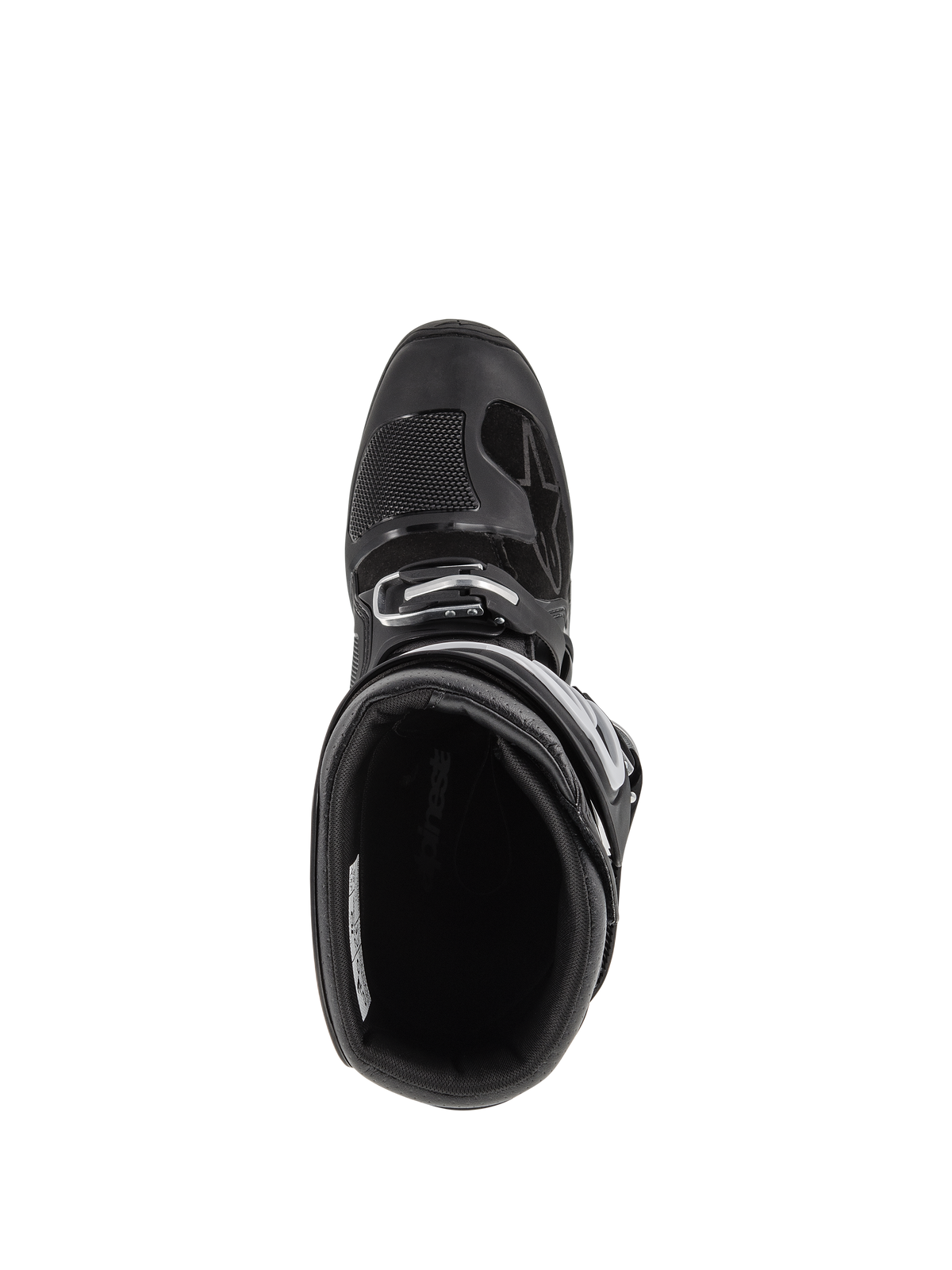 Bottes Alpinestars Tech 7 Enduro, bottes de motocross, noires, vue de dessus plongeant dans l'intérieur rembourré, montrant la fermeture à boucle réglable et la pointe renforcée avec un renfort de sélecteur texturé.