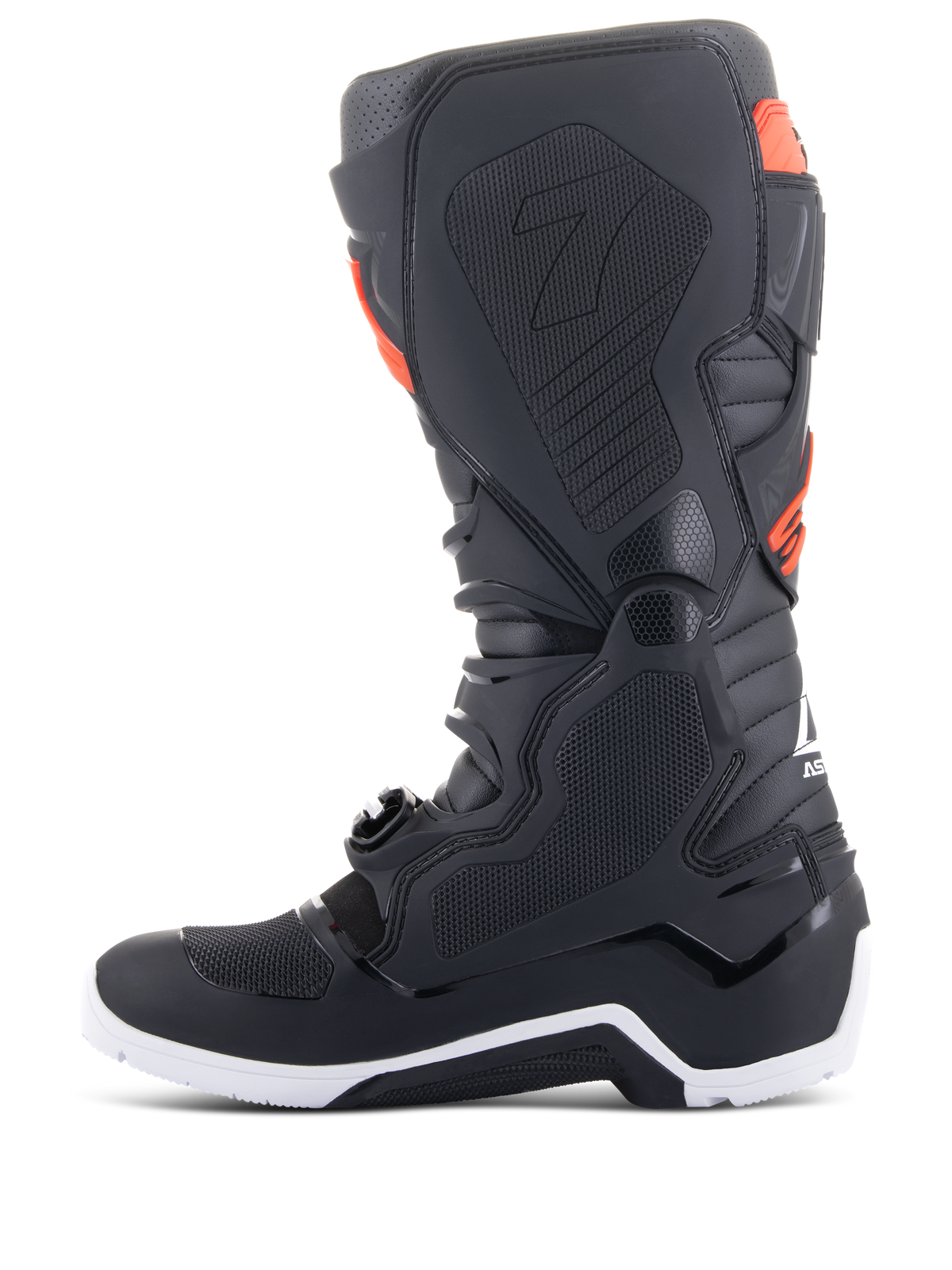 Alpinestars Tech 7 Enduro Boots, Black and Red Fluo, medial profile view featuring honeycomb grip panels and white sole, high-performance off-road motorcycle boots