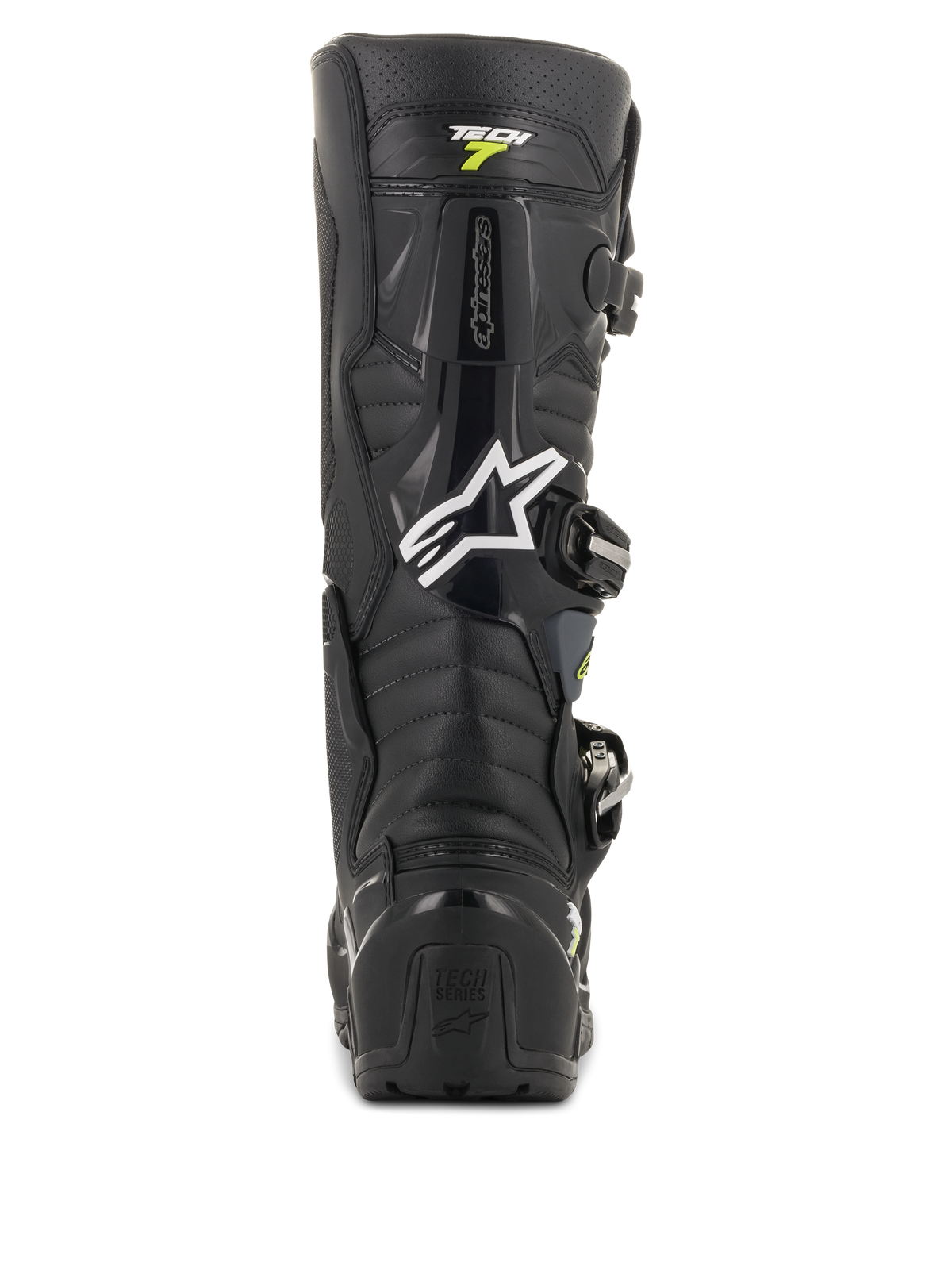 Bottes Alpinestars Tech 7 Enduro Drystar, bottes de motocross noires et grises, vue arrière présentant le logo Alpinestars blanc et le marquage 'Tech 7', protection robuste du talon en TPU et construction renforcée pour une durabilité tout-terrain
