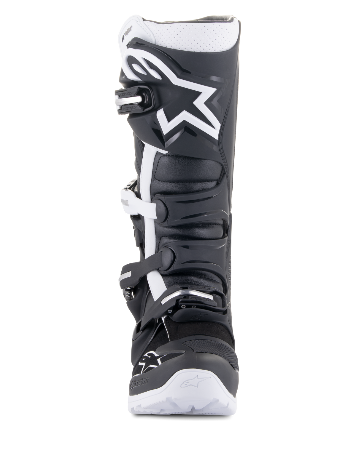 Alpinestars Tech 7 Enduro Drystar® Boots, Enduro motorcycle boots, Black and White, featuring a large white Alpinestars logo on the shin plate, four-buckle closure system, and rugged white sole, designed for off-road performance