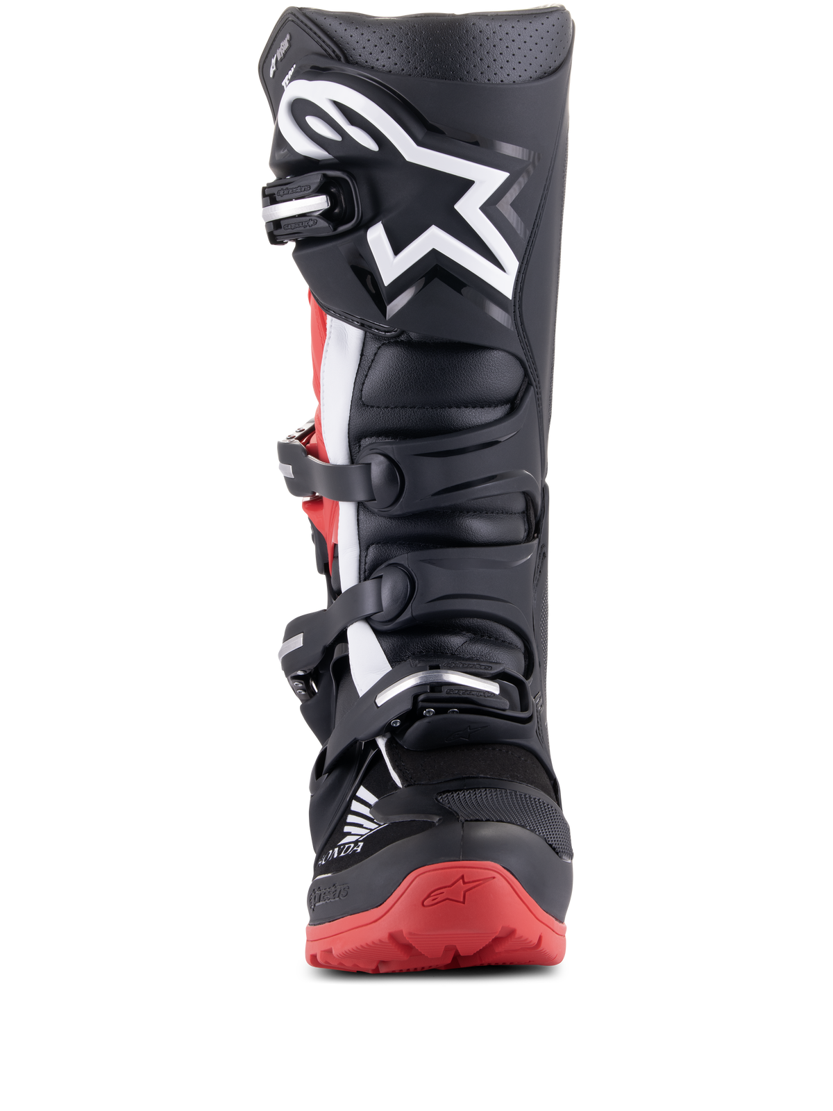 Alpinestars Honda Tech 7 Enduro Drystar Boots, Black and Bright Red, front view showing the multi-buckle closure system, large white star logo on the shin, and red sole with Honda branding, waterproof off-road motorcycle boots