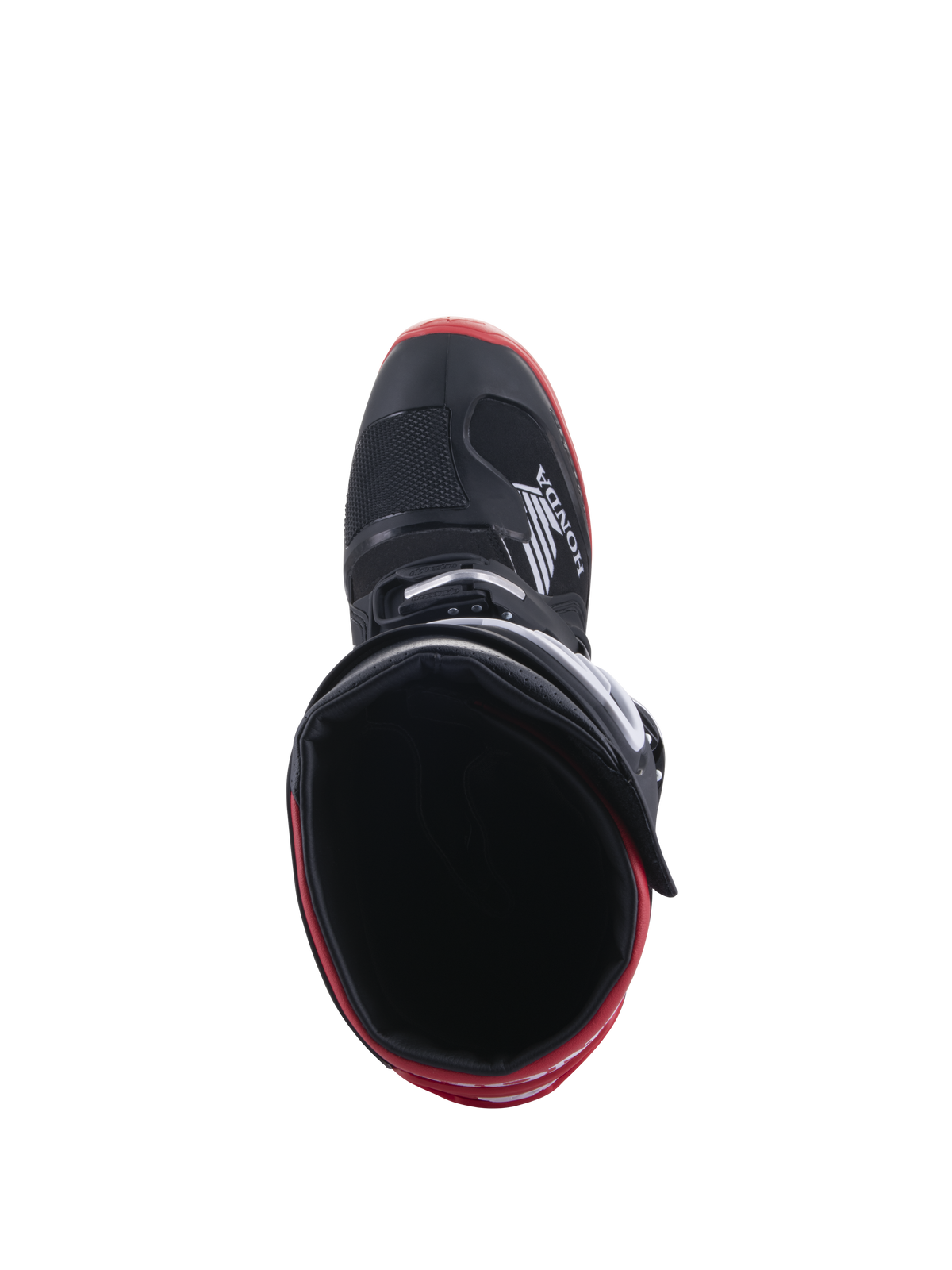 Honda Tech 7 Enduro Drystar® Boots, Black and Bright Red, top-down view looking into the boot interior, featuring Honda logo on the side, red accents on the sole, waterproof construction for off-road riding
