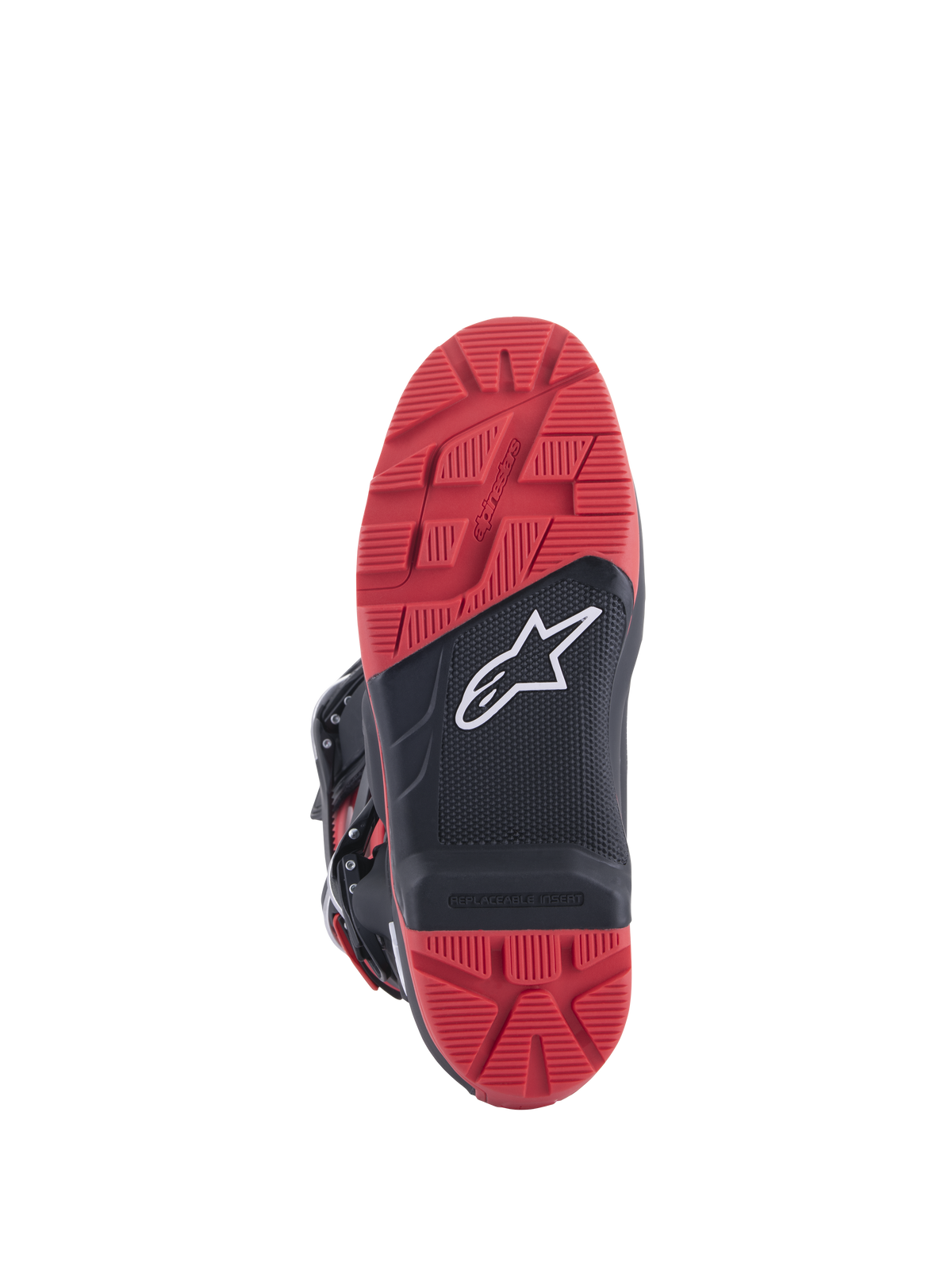 Honda Tech 7 Enduro Drystar® Boots, Black and Bright Red, sole view showing high-grip tread pattern with replaceable insert, dual-density rubber construction, and white Alpinestars logo on black textured panel.