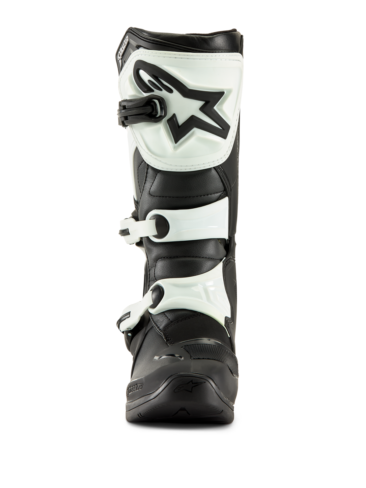 Alpinestars Tech 3 Boots, Motocross Boots, Black and White, front view showing white TPU shin plate with black star logo and white buckle straps, durable off-road footwear