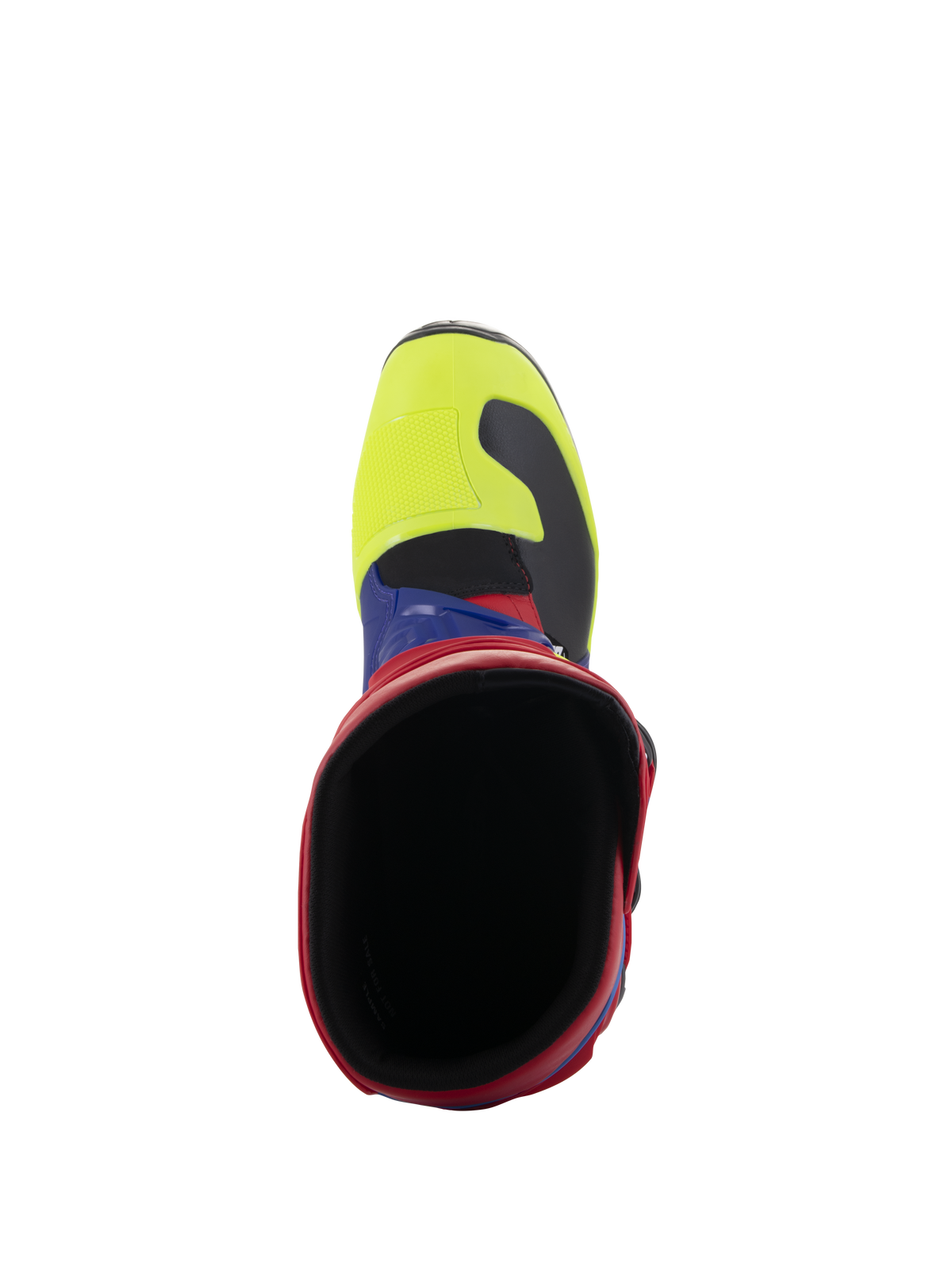 Alpinestars Tech 3 Boots, Motocross Boots, Bright Red Dark Blue and Yellow Fluo, top-down view looking into the boot opening, featuring a yellow fluo toe box and red collar, durable off-road protective footwear