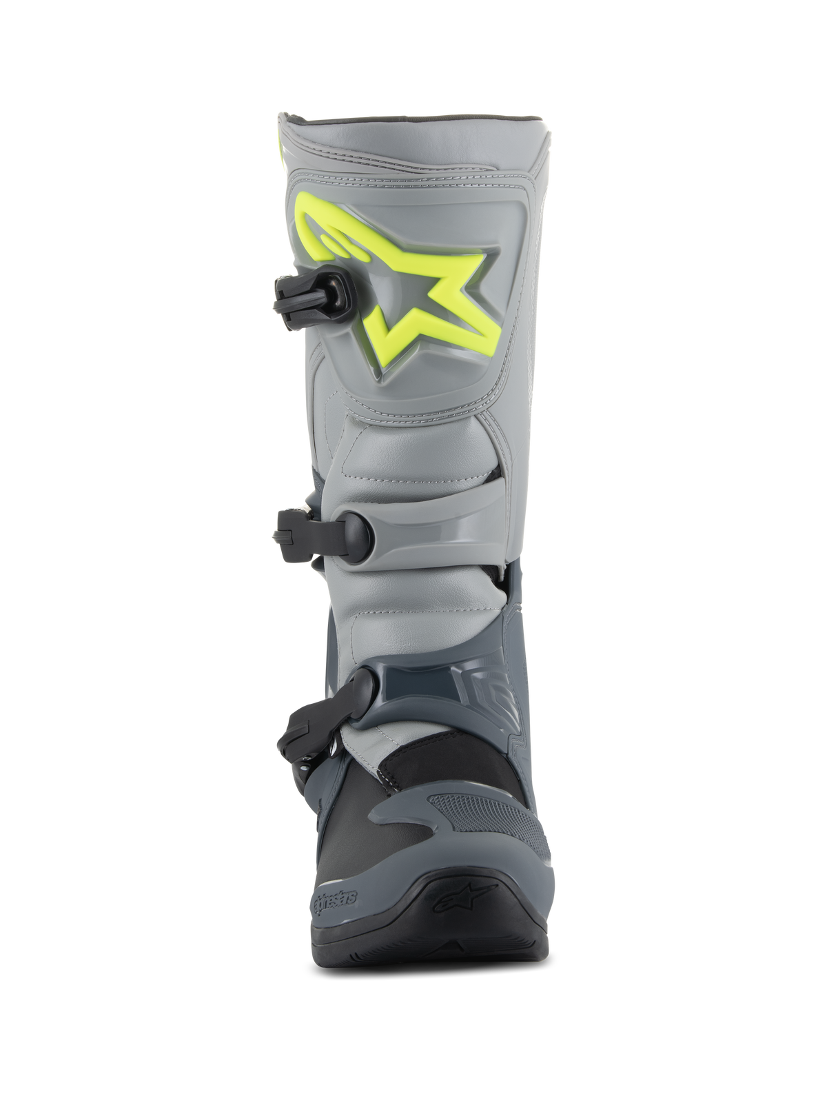Bottes Alpinestars Tech 3, bottes de motocross, gris foncé, gris clair et noir, vue de face avec un logo jaune vif sur la plaque tibiale, trois boucles en polymère noir et une coque en TPU durable pour la course tout-terrain
