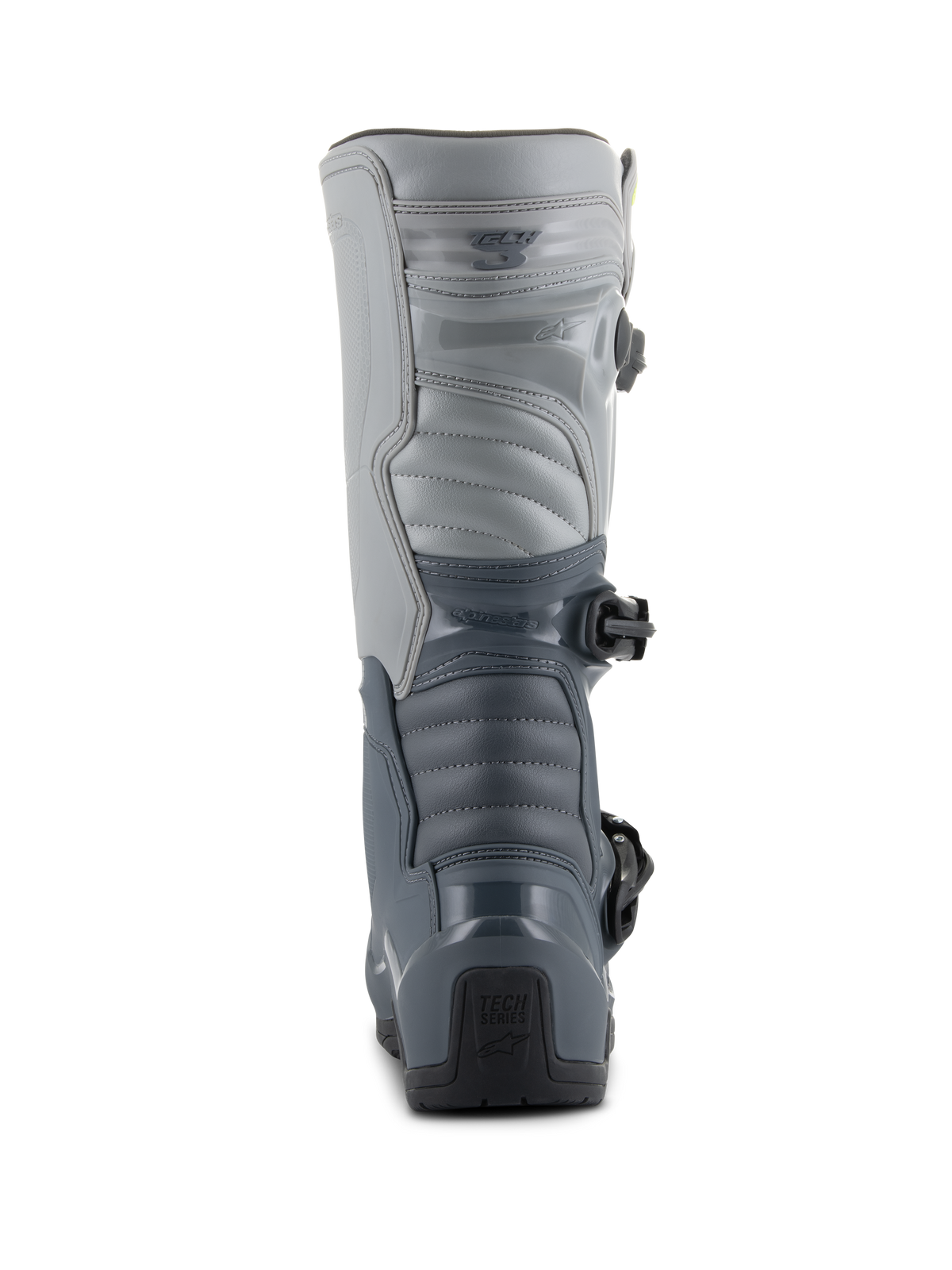 Bottes Alpinestars Tech 3, bottes de motocross, gris foncé, gris clair et noir, vue arrière avec plaques de protection en TPU durables, panneaux gris segmentés et logo « Tech Series » au talon.