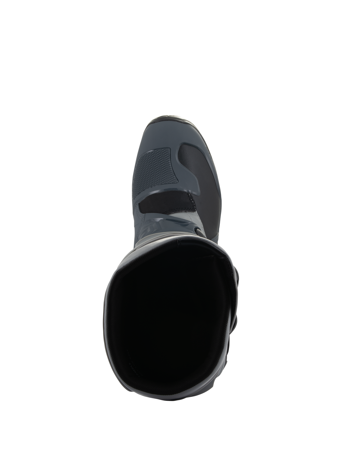 Bottes Alpinestars Tech 3, bottes de motocross, gris foncé, gris clair et noir, vue de dessus plongeante dans l'ouverture de la botte, bout texturé et construction en microfibre durable, conçues pour la performance tout-terrain