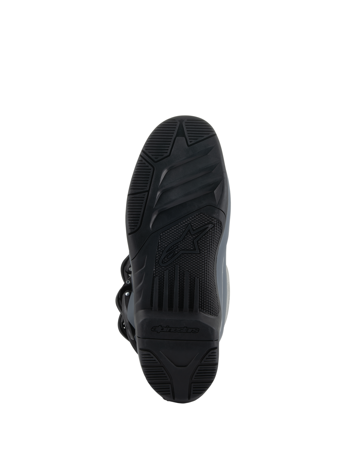 Bottes Alpinestars Tech 3, Gris foncé Gris clair Noir, vue de dessous montrant la semelle extérieure en mélange de caoutchouc à haute adhérence, sculpture noire texturée avec logo Alpinestars central, conçue pour le contrôle des repose-pieds et la traction en conditions tout-terrain