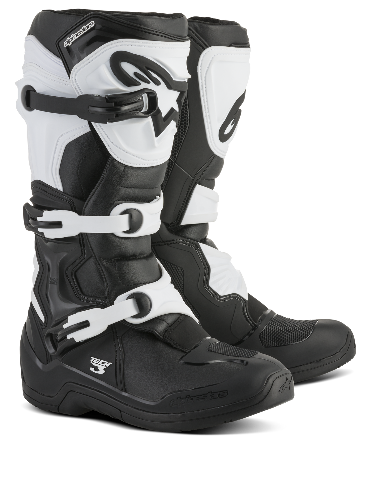 Alpinestars Tech 3 Boots, bottes de motocross, noir et blanc, dotées d'un système de fermeture à trois boucles, plaque de tibia et contrefort de talon protecteurs en TPU, construction durable en microfibre et matière synthétique pour la course tout-terrain