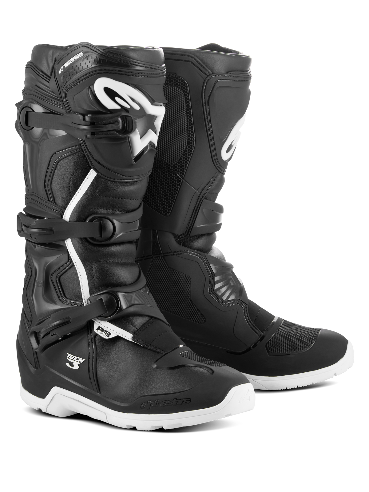 Bottes Alpinestars Tech 3 Enduro Waterproof, bottes de motocross et tout-terrain, noir et blanc, dotées d'un système de fermeture à trois boucles, logo TPU blanc sur le tibia, protections renforcées de la cheville et du talon, et semelles blanches durables.