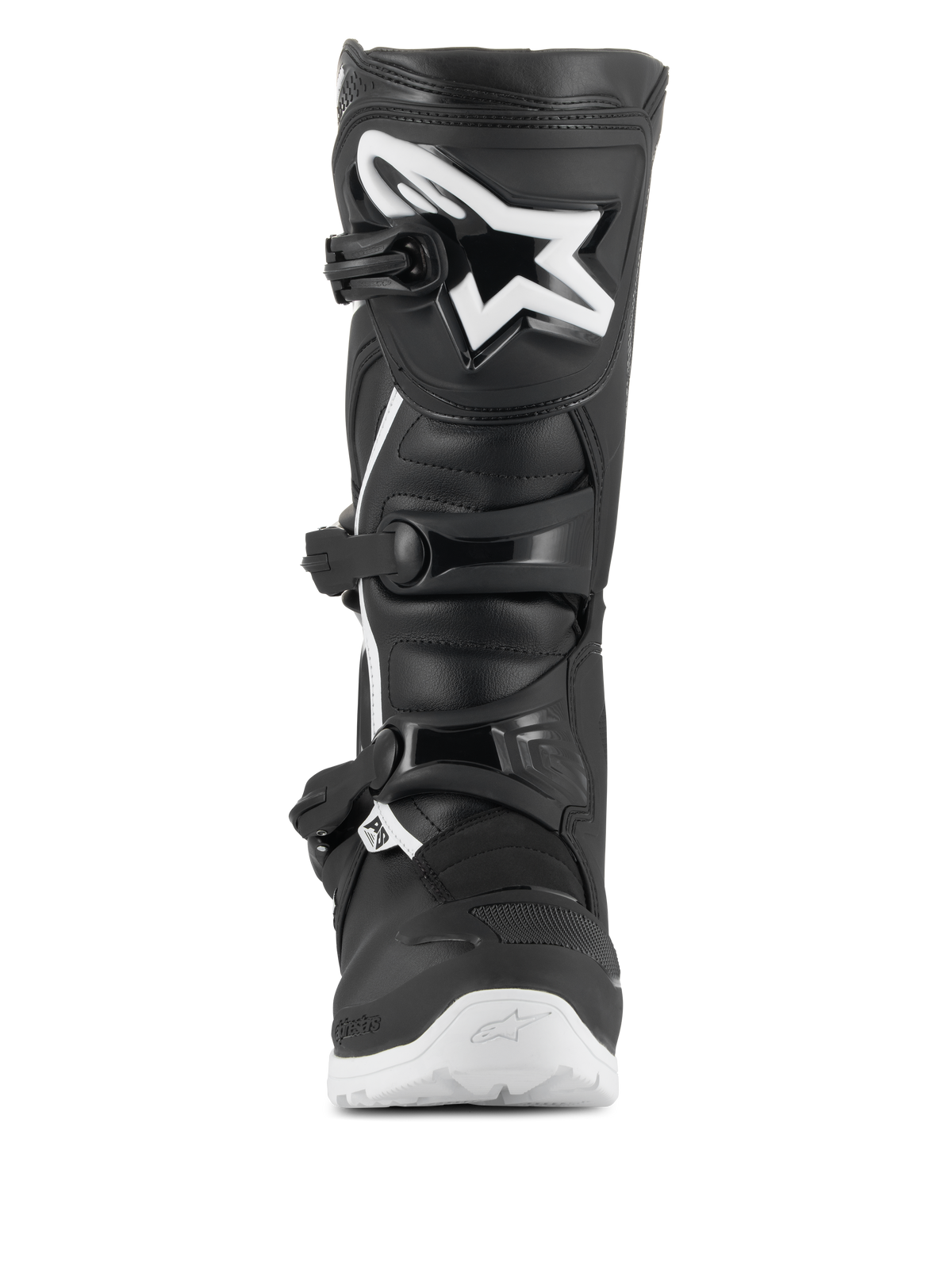 Bottes Alpinestars Tech 3 Enduro Waterproof, bottes de motocross et d'enduro, noir et blanc, vue frontale avec un grand logo étoile blanc sur la plaque de tibia en TPU, système de fermeture à triple boucle et semelle blanche robuste pour une traction tout-terrain.