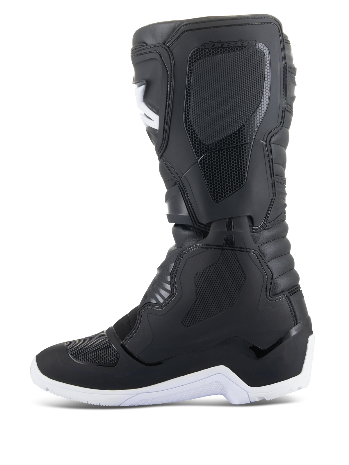 Bottes Alpinestars Tech 3 Enduro Waterproof, bottes de motocross et d'enduro, noir et blanc, vue de profil présentant des panneaux de protection texturés, semelle crantée blanche et tige synthétique imperméable pour la conduite tout-terrain