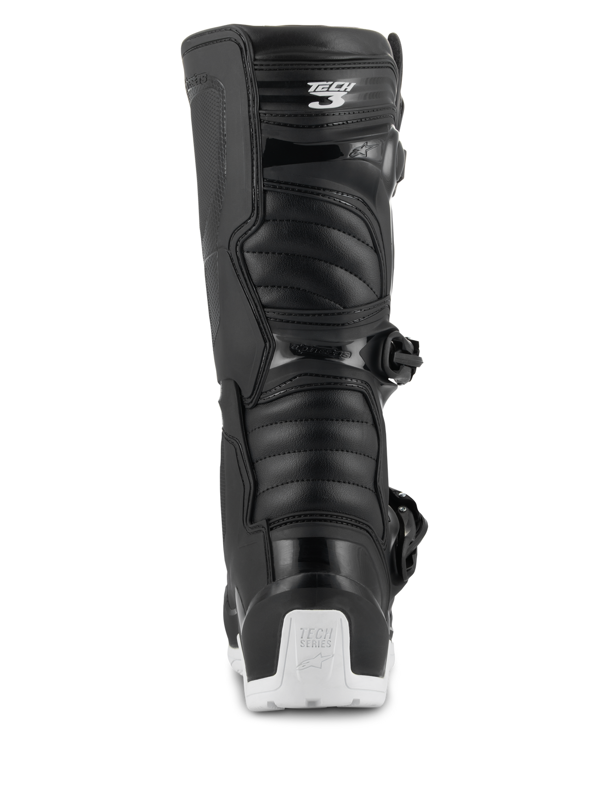 Bottes Alpinestars Tech 3 Enduro Waterproof, bottes de motocross et d'enduro, noir et blanc, vue arrière montrant le logo Tech 3 sur le mollet, panneaux flexibles de style accordéon et une protection de talon blanche avec le marquage Tech Series, conçues pour le tout-terrain et l'aventure