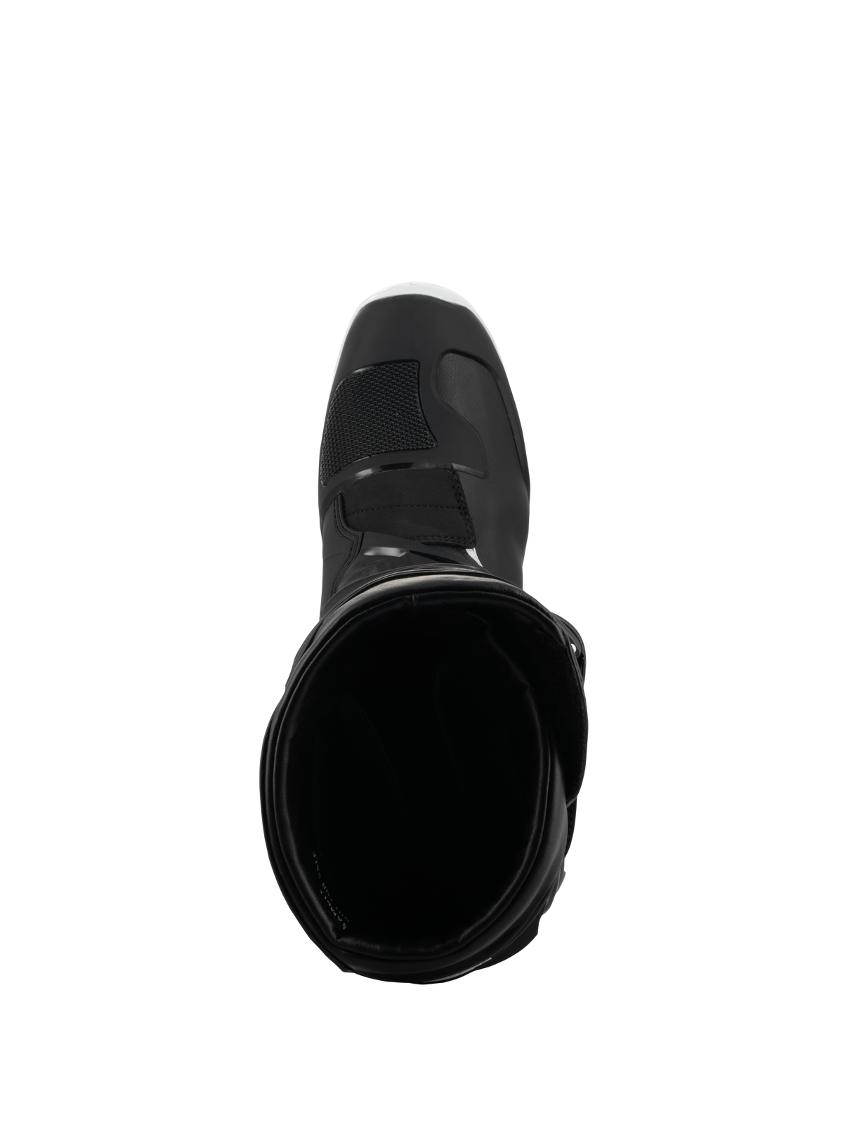Bottes Alpinestars Tech 3 Enduro Waterproof, noir et blanc, vue de dessus de l'ouverture de la botte, montrant la doublure intérieure et la zone des orteils renforcée, conçues pour le tout-terrain et l'aventure.