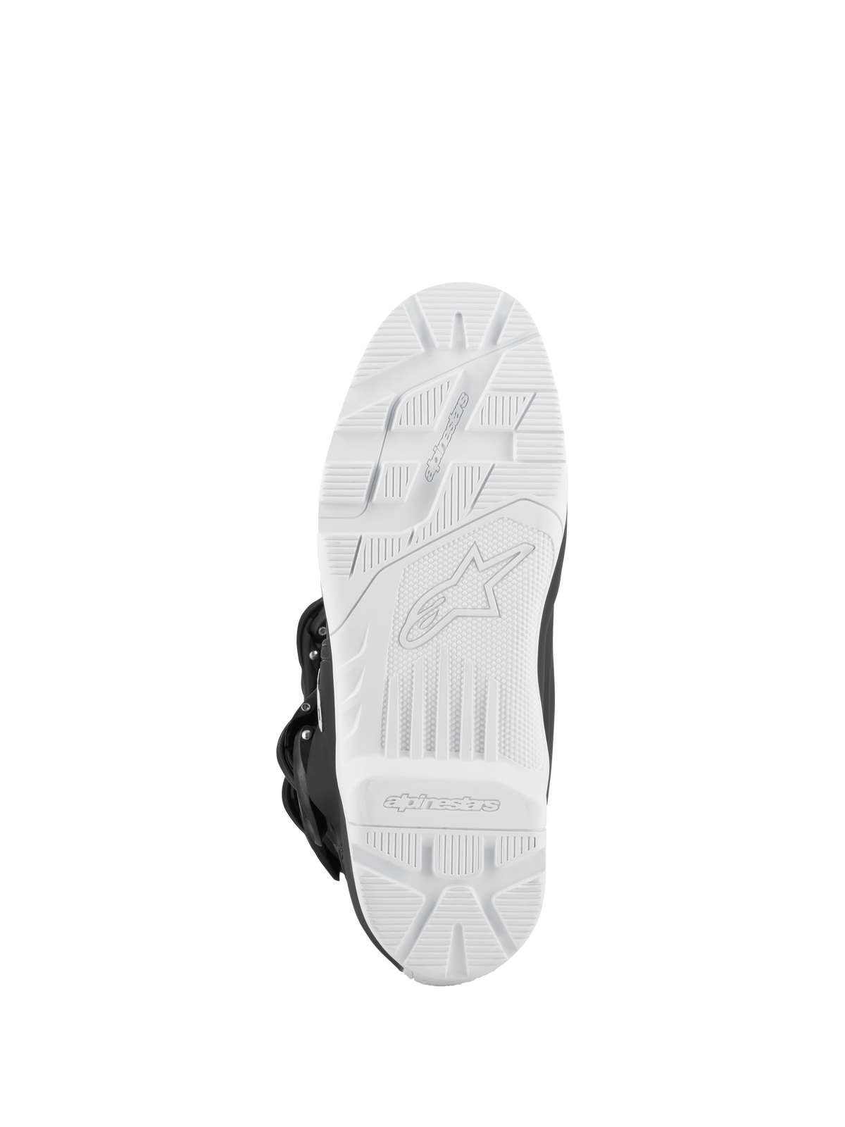 Bottes Alpinestars Tech 3 Enduro Waterproof, noir et blanc, vue de dessous de la semelle crantée blanche à haute adhérence, motif de traction tout-terrain avec logo embossé, semelle extérieure durable conçue pour les performances en motocross et en enduro.