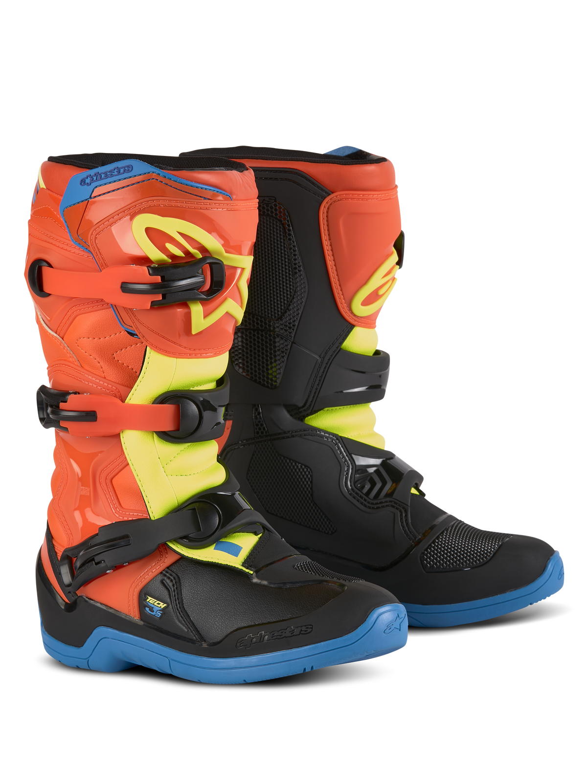 Alpinestars Youth Tech 3S, bottes de motocross pour enfant, orange fluo, bleu émail et jaune fluo, semelles bleues, système de fermeture à trois boucles, plaques de tibia protectrices en TPU, équipement de conduite tout-terrain