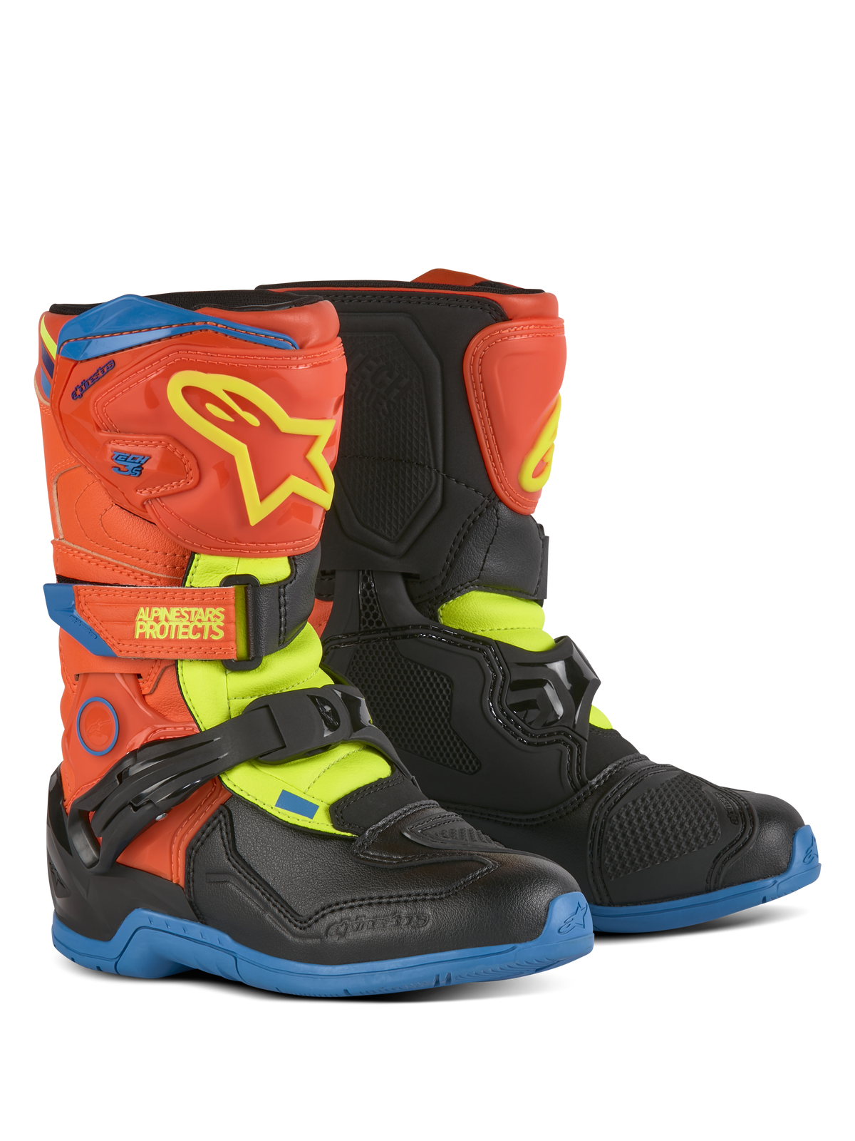 Alpinestars Kids Tech 3S Boots, bottes de motocross, orange fluo, bleu émail et jaune fluo avec noir, dotées de fermetures à boucles et crochets, d'une plaque de tibia en TPU et de semelles en caoutchouc durables pour la conduite tout-terrain des jeunes.