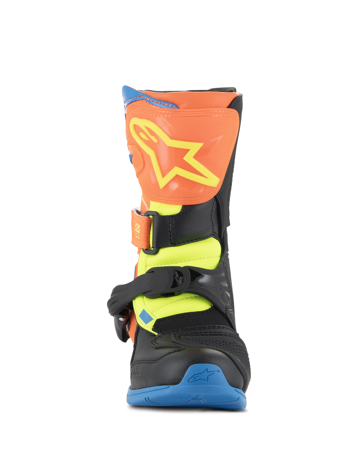 Bottes Alpinestars Kids Tech 3S, bottes de motocross, orange fluo, bleu émail et jaune fluo, vue de face présentant une plaque de tibia orange avec un logo d'étoile jaune, des fermetures à boucles noires et une semelle bleue, chaussures de protection tout-terrain pour jeunes pilotes