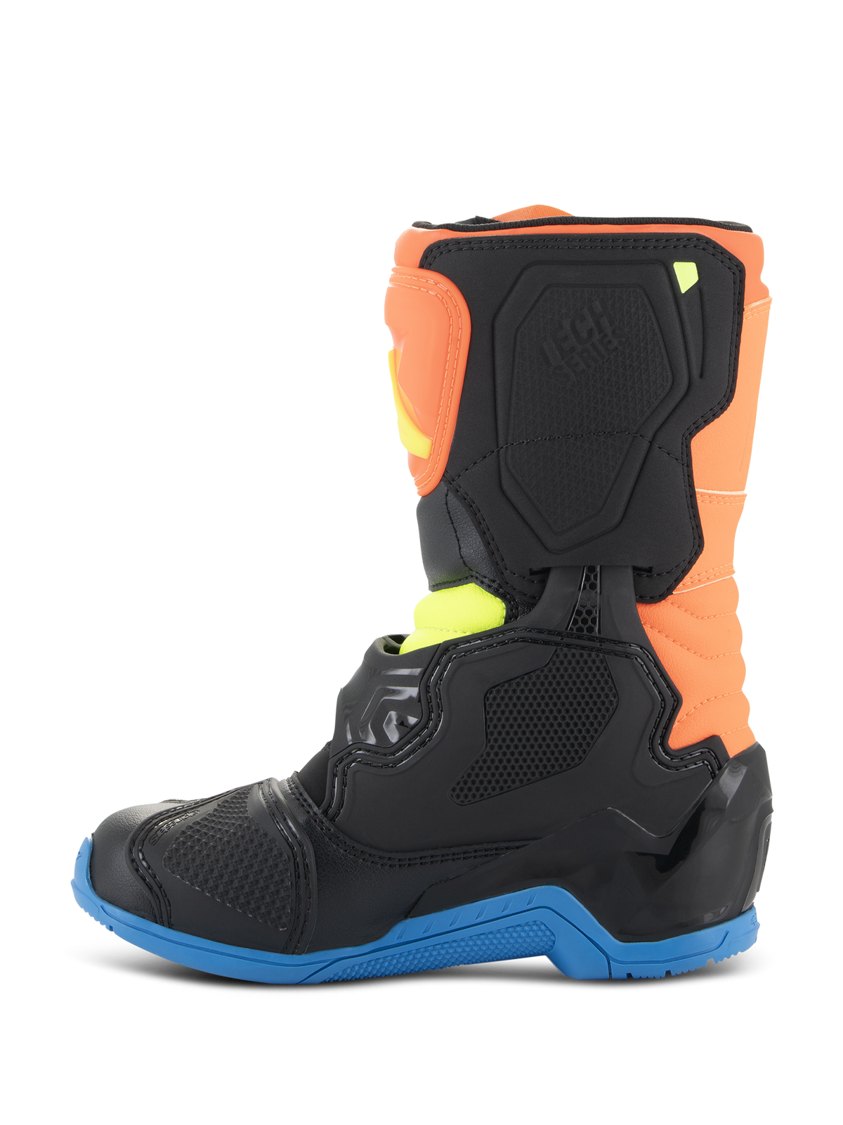 Bottes Alpinestars Kids Tech 3S, bottes de motocross, orange fluo, bleu émail et jaune fluo, vue de profil avec panneaux de protection noirs, semelle bleue et tige orange, conçues pour les courses tout-terrain des jeunes pilotes