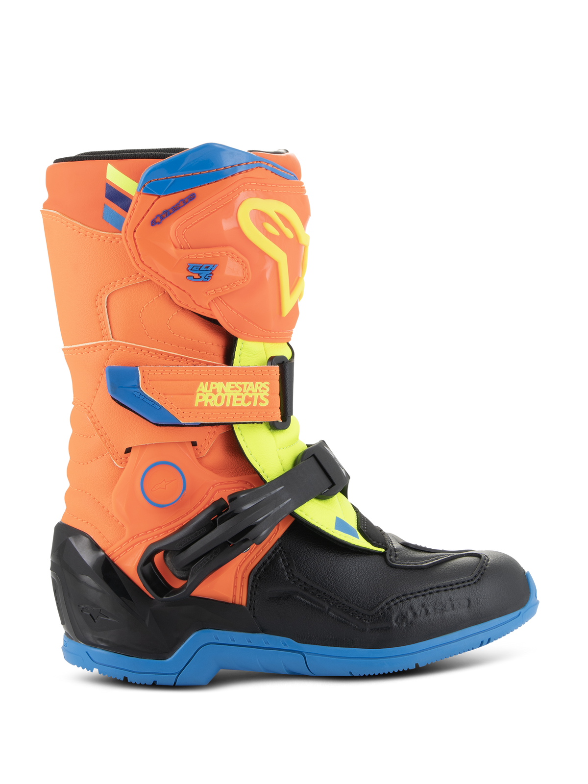 Bottes Alpinestars Tech 3S Kids, bottes de motocross pour enfant, orange fluo, bleu émail et jaune fluo, avec plaque de tibia protectrice en TPU, sangles auto-agrippantes réglables et semelle en caoutchouc bleu durable, conçues pour la course tout-terrain