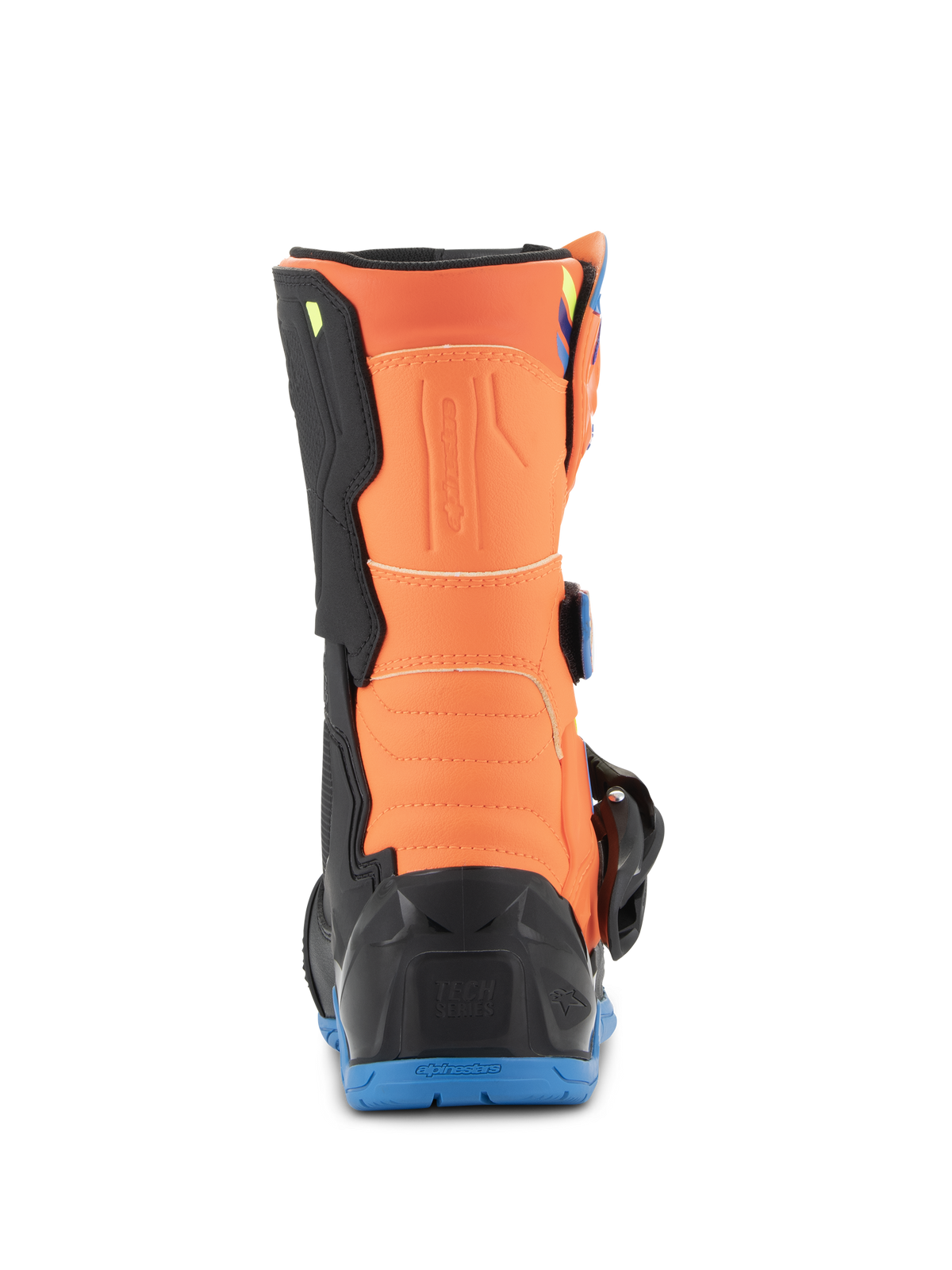 Bottes Alpinestars Kids Tech 3S, bottes de motocross pour enfant, orange fluo et bleu émail, vue arrière montrant le panneau orange au mollet, la protection de talon noire et la semelle extérieure en caoutchouc bleu.