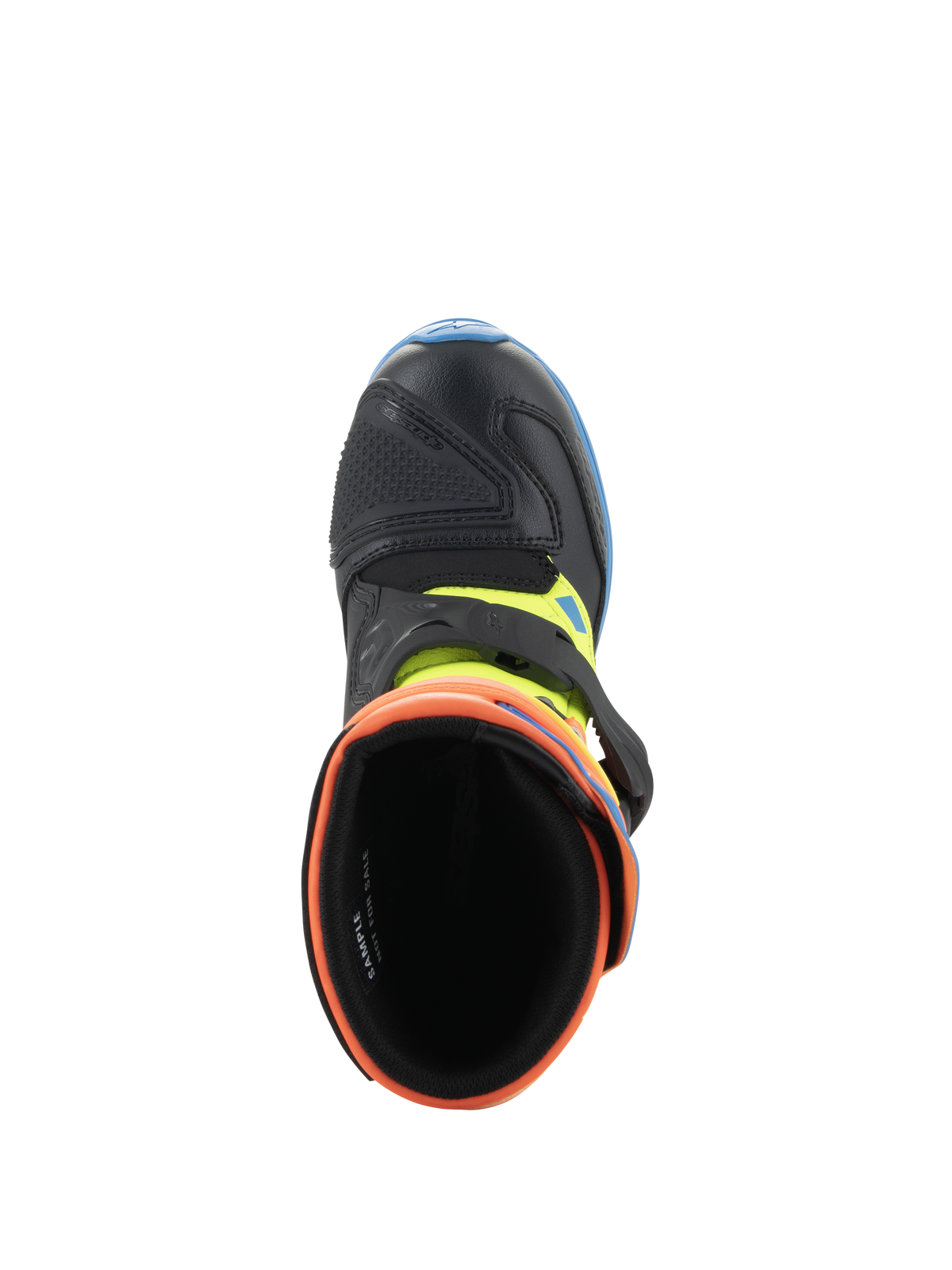 Bottes Alpinestars Tech 3S Kids, bottes de motocross, orange fluo, bleu émail et jaune fluo, vue de dessus de l'ouverture rembourrée, montrant la pointe en microfibre noire et la fermeture à boucle.