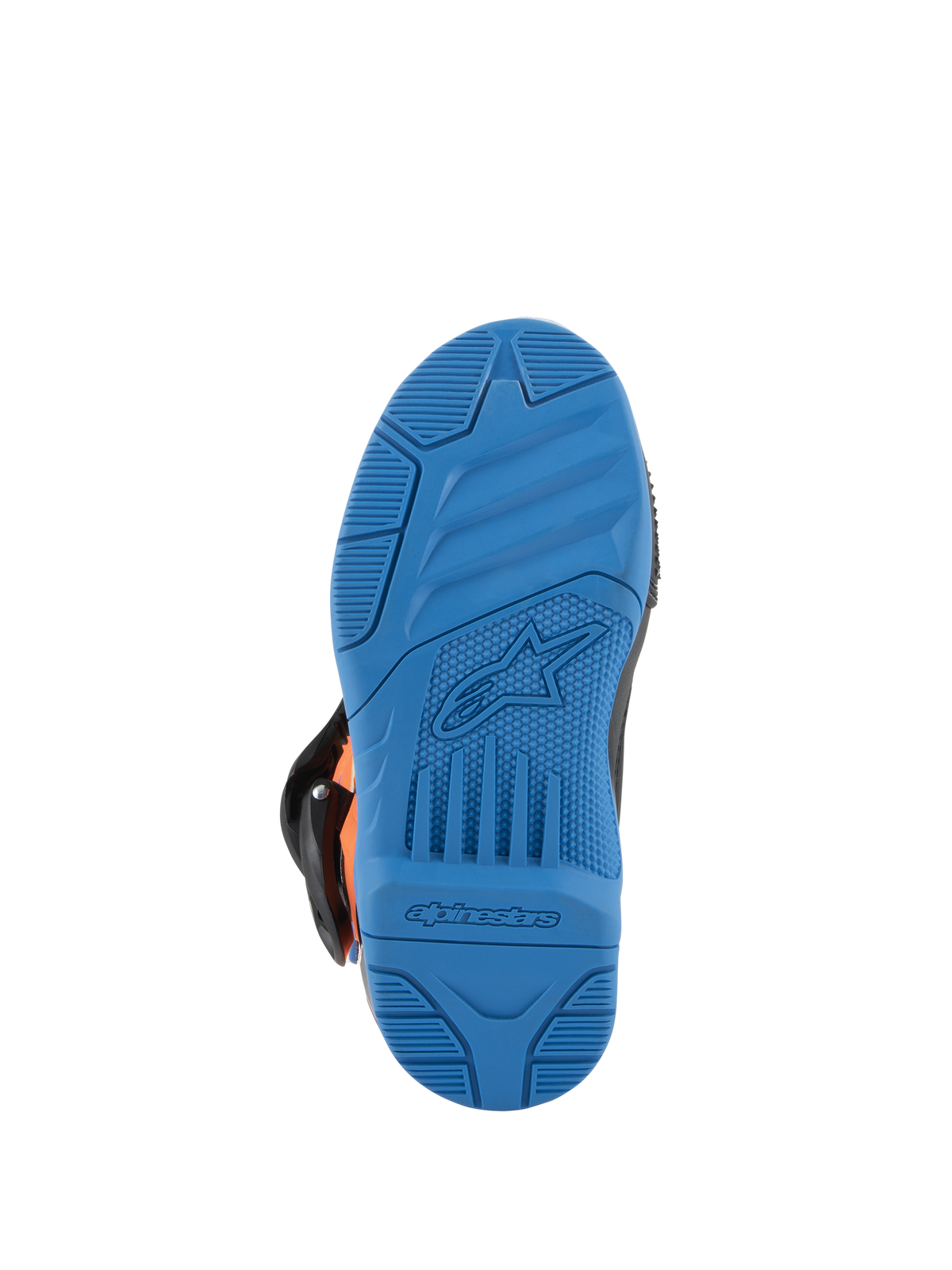 Bottes Alpinestars Kids Tech 3S, bottes de motocross, vue de la semelle Bleu Enamel, semelle extérieure en caoutchouc à haute adhérence avec motifs texturés, logo étoile et lettrage Alpinestars embossés, design tout-terrain durable