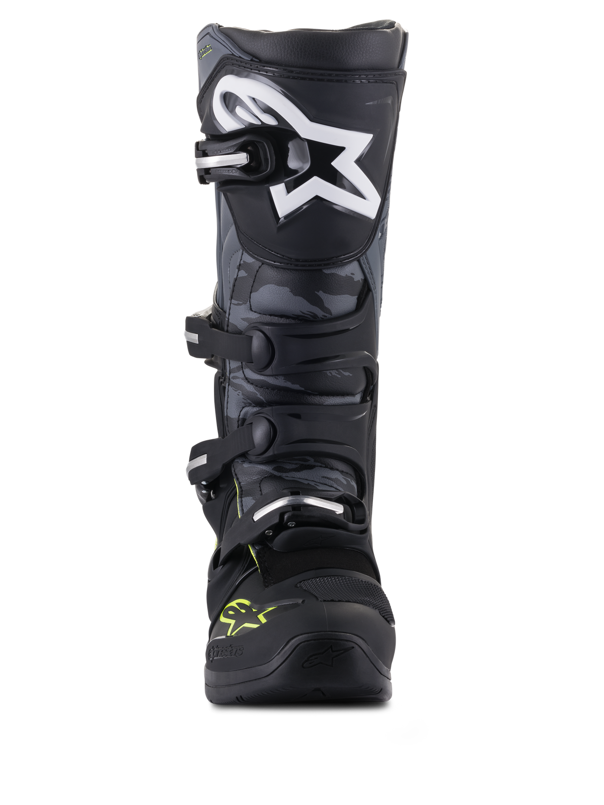 Alpinestars Tech 5 Motocross Boots, Black and Cool Gray with Yellow Fluo, front view with camo panels and star logo.