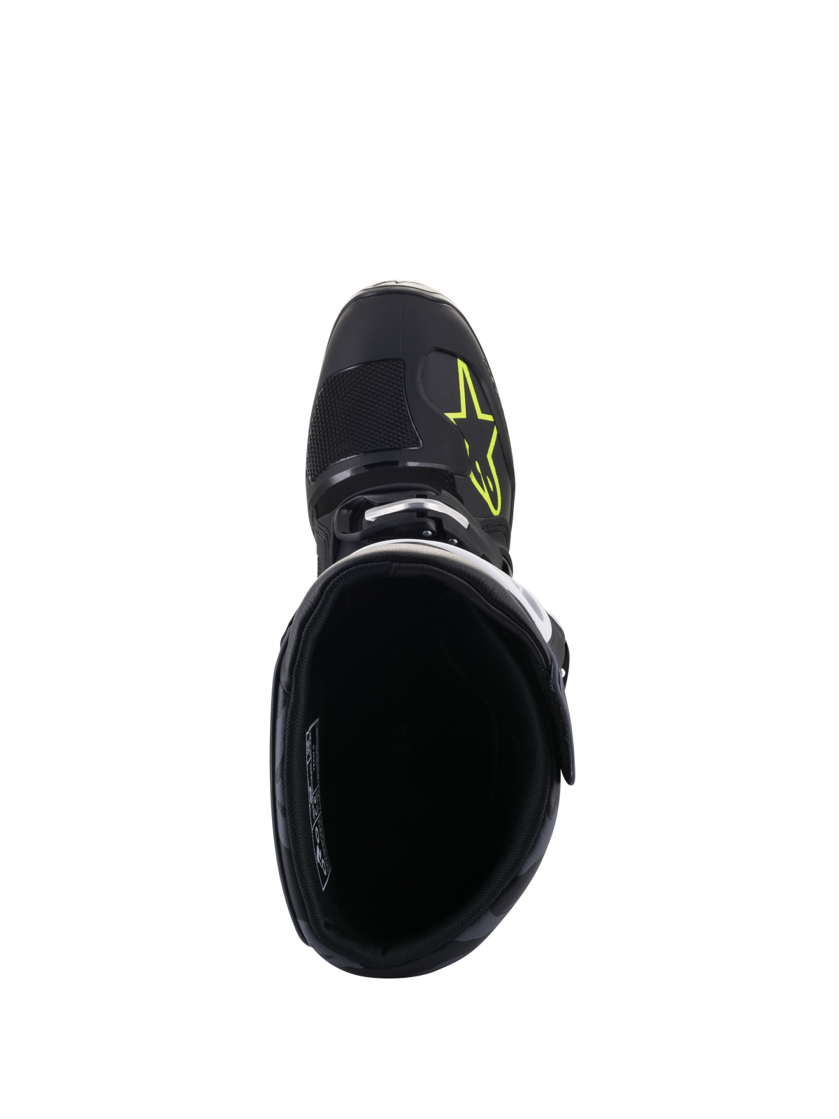 Alpinestars Tech 5 Boots, top-down view, Black with Yellow Fluo logo on the toe box, showing the interior lining and buckle closure, high-performance motocross and off-road footwear