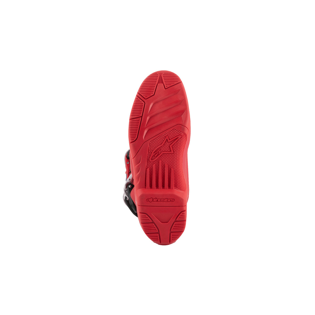 Bottes Alpinestars Tech 5, bottes de motocross, vue de dessous montrant la semelle rouge vif, motif de semelle texturé à double composé avec logo et marquage Alpinestars gaufrés, conçues pour les performances tout-terrain