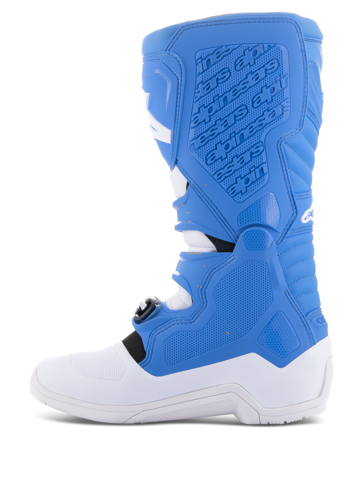 Bottes Alpinestars Tech 5, bottes de motocross, bleu et blanc, profil latéral montrant le panneau médial avec marquage en relief, surfaces d'adhérence texturées et semelle blanche durable pour la protection tout-terrain.