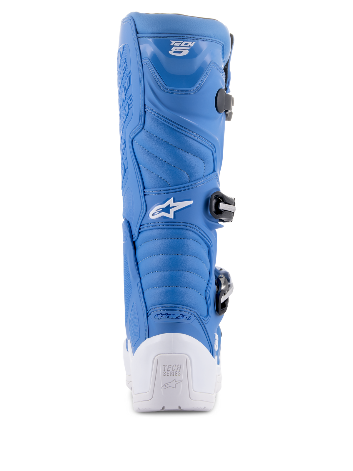Bottes Alpinestars Tech 5, bleu et blanc, vue arrière montrant le talon de protection blanc avec le logo Tech Series, tige en microfibre bleue avec zones de flexion en accordéon et système de boucles noires, chaussures de motocross haute performance