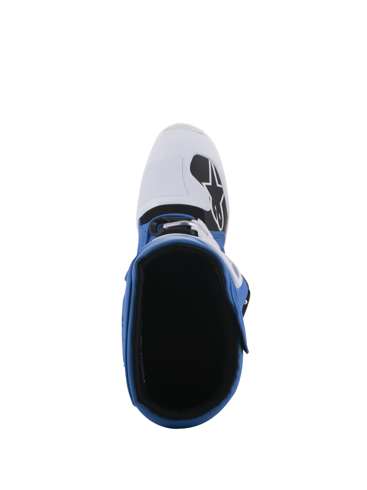 Bottes Alpinestars Tech 5, bleu et blanc, vue de dessus montrant la doublure intérieure et la pointe blanche avec logo noir, construction multi-panneaux pour le motocross et le tout-terrain